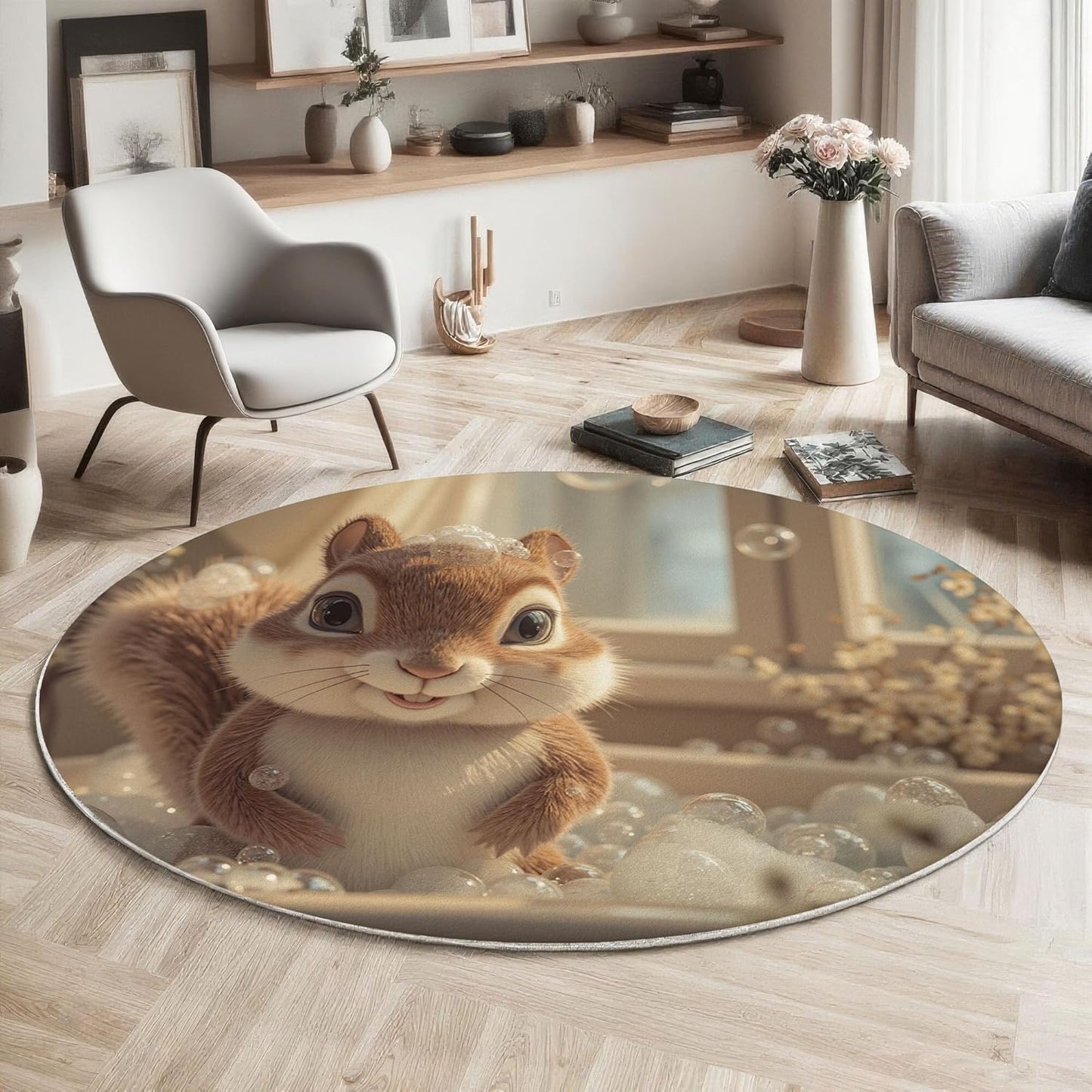 2Ft Round Washable Rug - Large Area Rug for Living Room Dining Room, Beige Soft Bedroom Carpet with Cute Squirrel Bathtub Pattern, Fun Animal Décor, Low Pile Stain Resistant