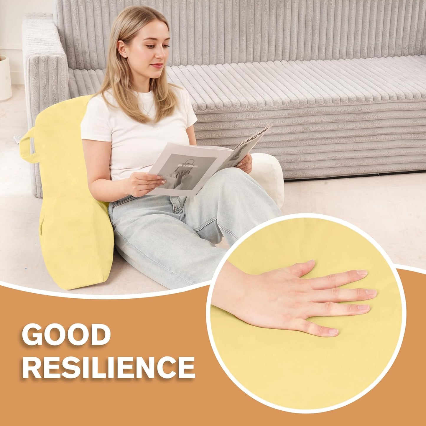 Portable Comfy Reading Pillows for Bed Sitting Up(Yellow Oeko-Tex), Velvet Back Pillow with Arms & Pockets for Adults, Support Memory Foam Bed Pillow for Dorm/Reading/Watching/Gaming