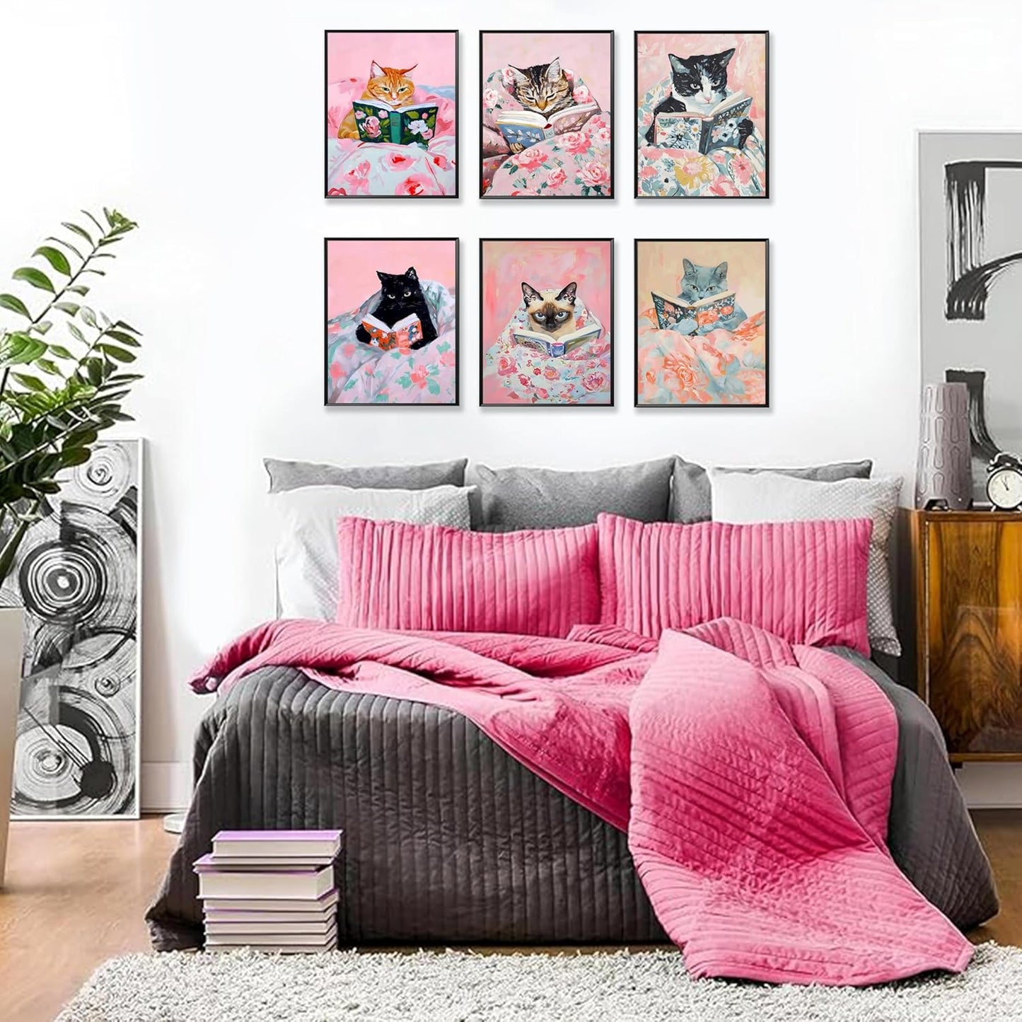 Cute Cat Reading Poster Set of 6 Funny Black Cat Book Lover Canvas Wall Art, Whimsical Animal Wall Decor Painting Prints Aesthetic for Nursery Kids Boby Room Bedroom Unframed 8x10 inch