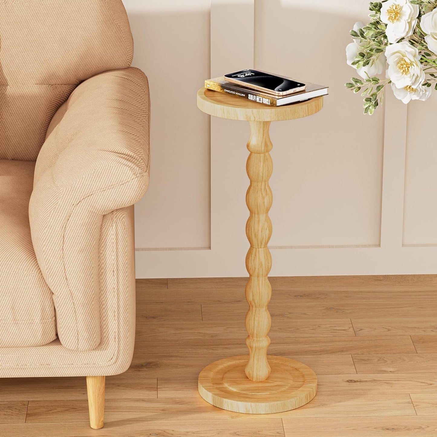 Solid Wood Drink Table, Rubber Wood‌ Small Round Side Table for Small Spaces, Martini Tables, Pedestal End Tables for Living Room, Bedroom, Corners, and Office (Natural, 9.4 inch)