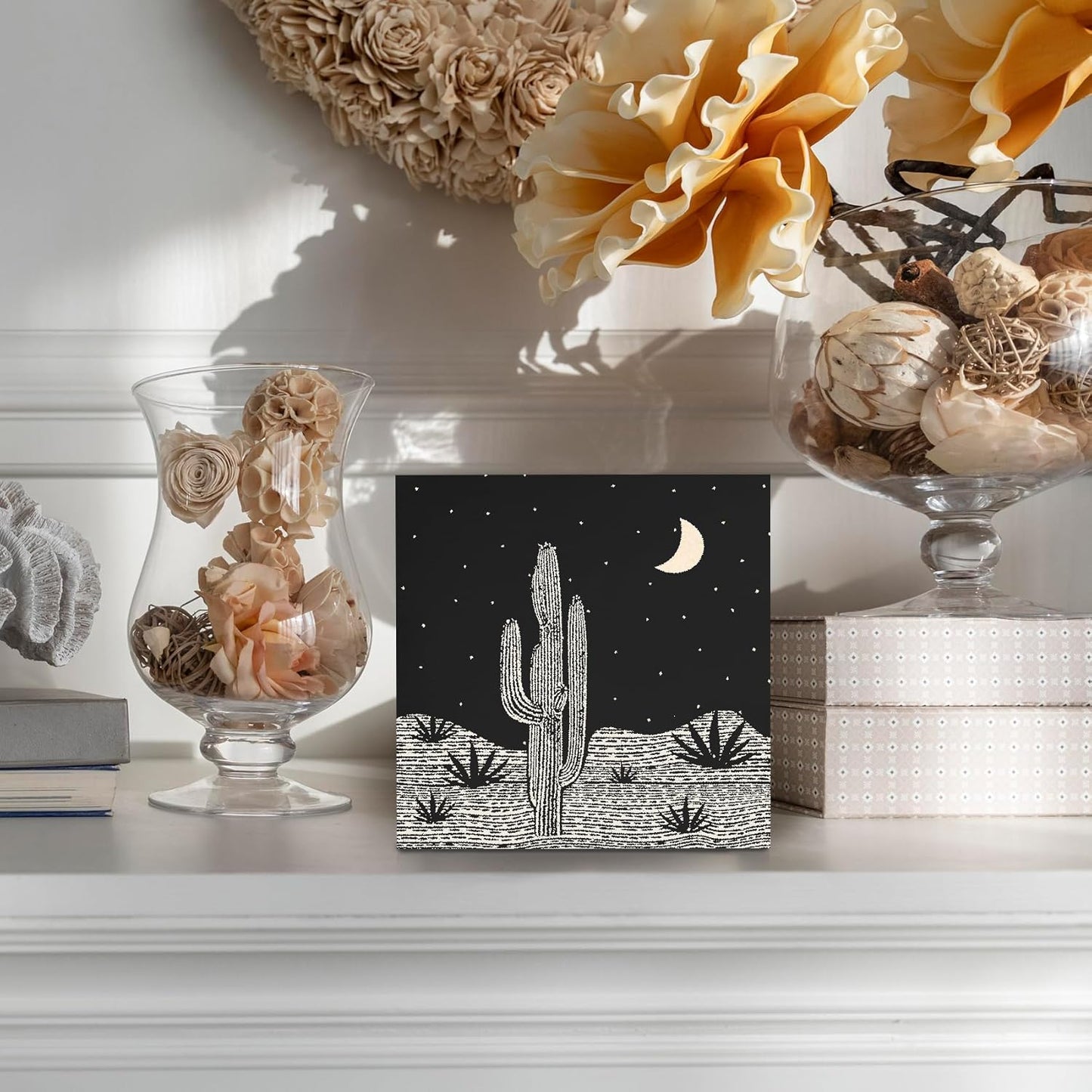Black Western Cactus Wooden Box Sign Desk Decor, Western Shelf Decor, Farmhouse Desert Decorative Signs for Bedroom Living Room, Mid Century Southwest Home Shelf Desk Decor 5x5 Inch