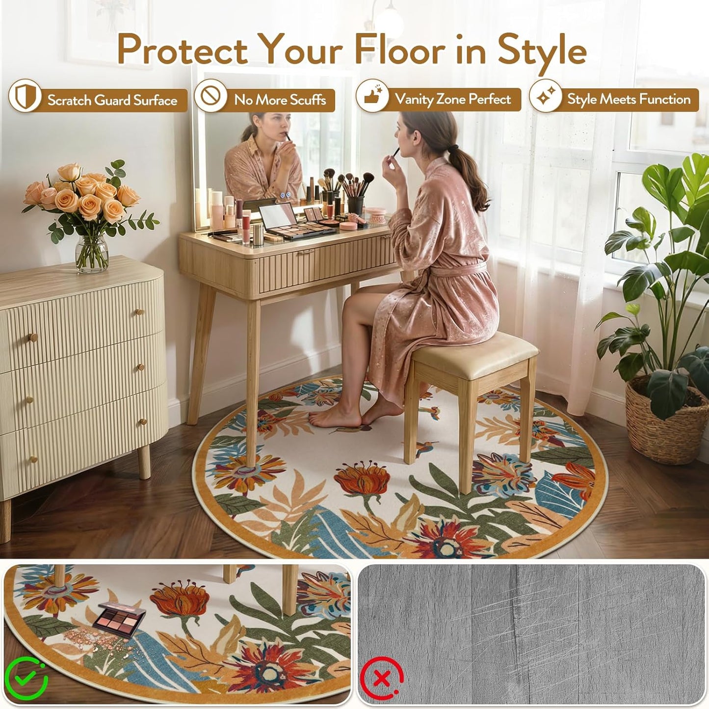 Beeiva Floral Round Area Rug 4ft for Bedroom - Yellow Washable Circle Dining Room Rugs for Under Table, Circular Flower Print Fall Rug Small Carpet for Reading Corner Decor(Yellow,Round 4')