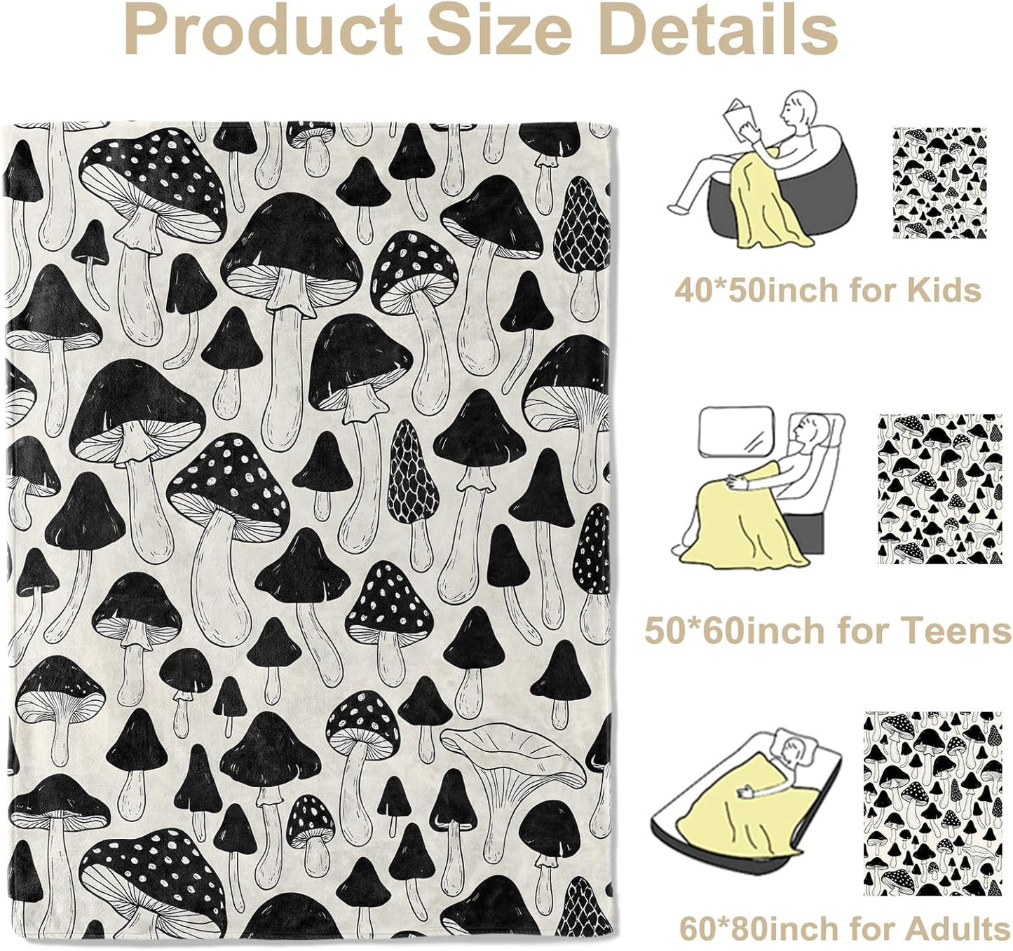 Vintage Mushroom Throw Blanket, Lightweight Warm Flannel Blankets, Home Decor and Gifts, Soft Cozy Throws for Women Adults Kids, 50"X60" for Bed Couch Travel Office