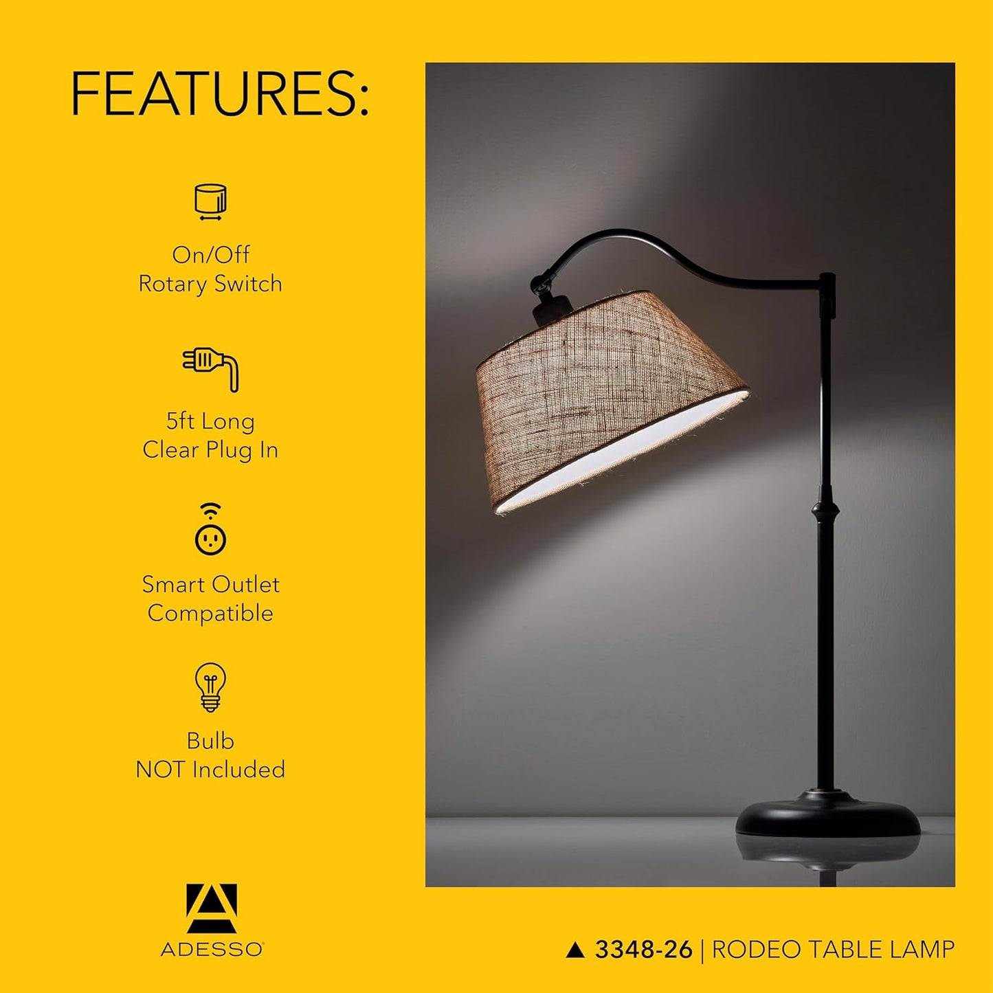 Adesso Antique Bronze Table Lamp with Burlap Shade - 180 Degree Adjustable Arm, Versatile Bedside Table, Living Room, or Desk Lamp, 27” Tall