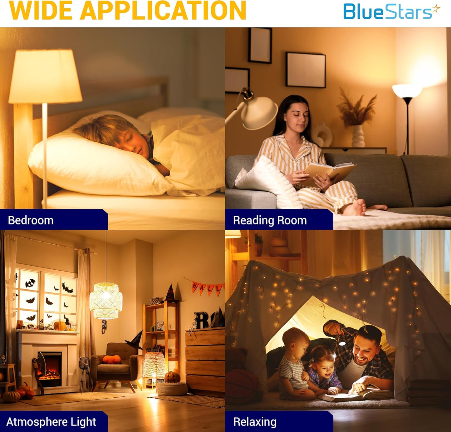 BlueStars Amber Sleep Light Bulbs Blue Light Blocking A19 9W (60 Watt Equivalent) 1800K Warm Lighting with E26 Base - Amber Soft Light Bulb for Restful Sleep Bedroom Kids Room Reading - 4 Packs