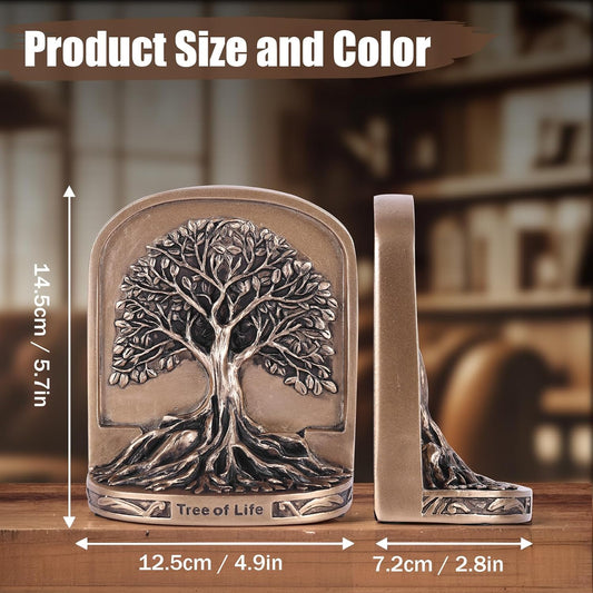 Antique Bronze Color Tree of Life Bookends Set, 2 Non-Skid Heavy Bookends for Shelves or Bookcase, Decorative Bookends for Desktop Shelf Decor, Library Office Decor, Home Décor Gift