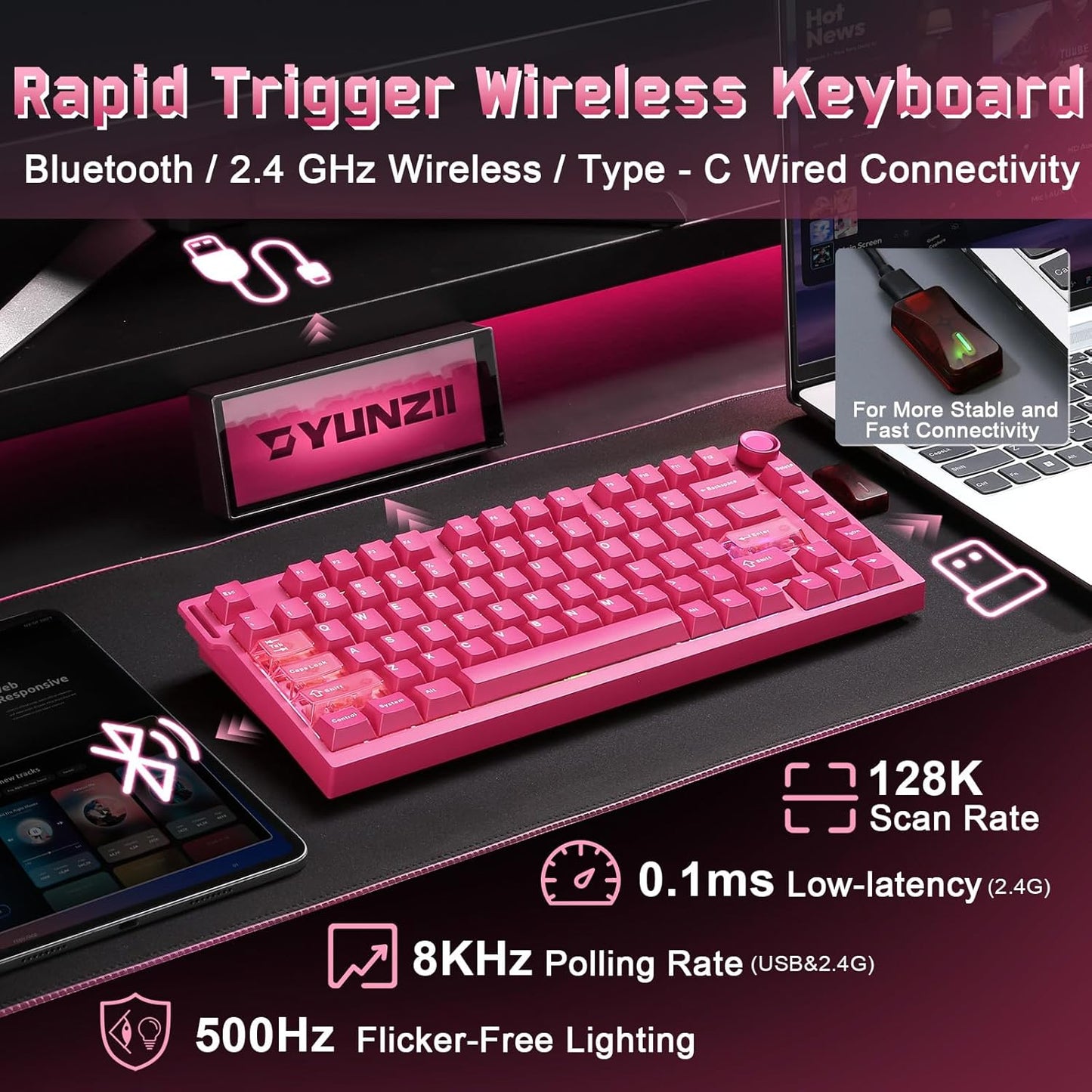YUNZII RT75 PRO Wireless Gaming Keyboard,Hall Effect Mechanical Rapid Trigger Magnetic Keyboard Bluetooth/USB-C/2.4G Dual 8KHz Polling Rate &128K Scan,RGB Backlit,TGL/SOCD/DKS/MT (Pink,Red Switch)