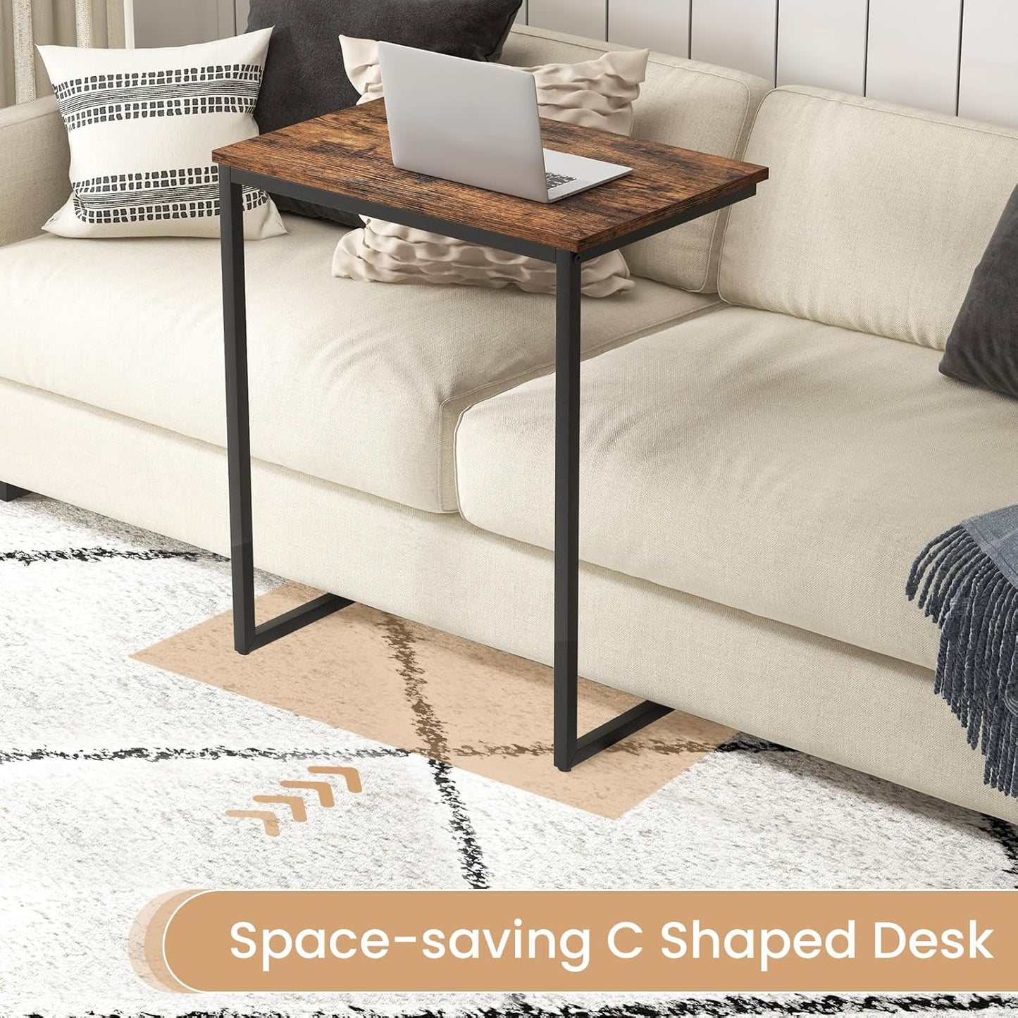GOFLAME C Shaped End Table, Small Snack Side Table for Sofa, Couch, Bed, Laptop Table, TV Trays with Metal Frame for Living Room, Bedroom, Small Space, Rustic Brown