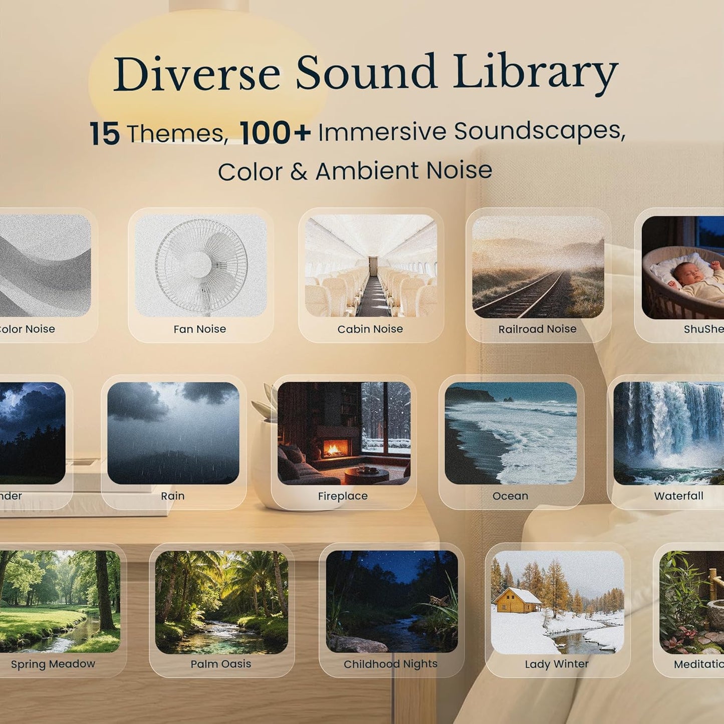 White Noise Sound Machine & Alarm Clock: Color Noises and Custom Soundscapes, App Control, Sleep Schedule, Multiple Alarms, 100 Volume Levels, Built-in Battery