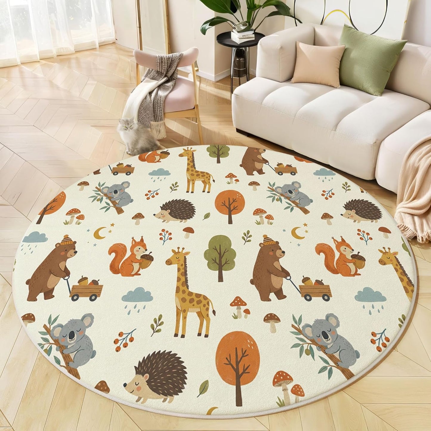 Cute Hedgehog Giraffe Round Rugs 2Ft, Forest Animals Round Living Room Area Rug, Washable Large Soft Circle Rug for Bedroom, Non Slip Ultra Thin Floor Carpet for Dining Room, Beige