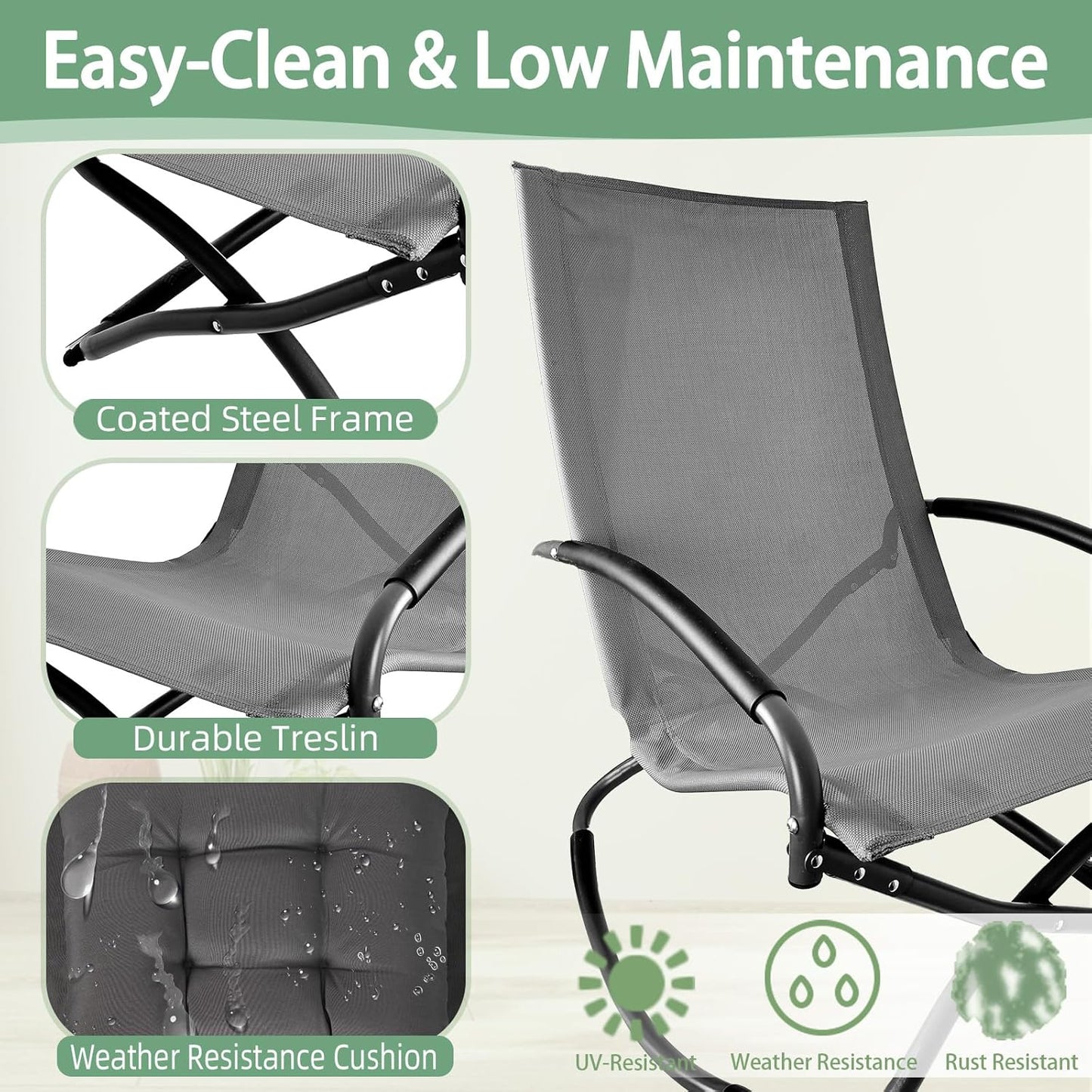 Rocking Folding Chair Comfy Recliner Chair with Puffy Cushion Suitable for Porch Deck, Garden, Patio Lounge Set, Gray，Weather Resistant Textilene Fabric Space-Saving 330lbs Capacity