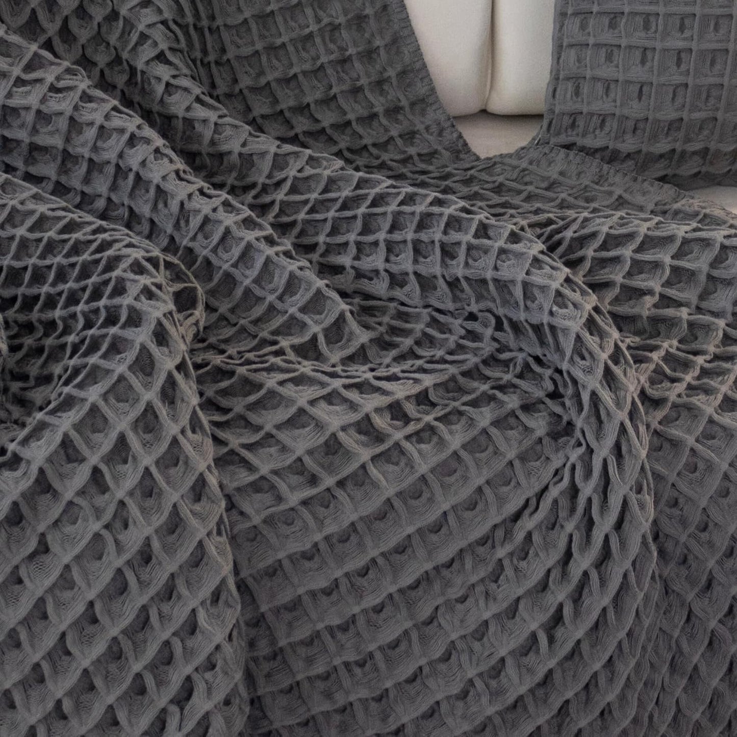 Premium Cotton Waffle Weave Throw Blanket - Large Waffle Style, Decorative, Breathable, Perfect Home Gift (Gray, Throw)