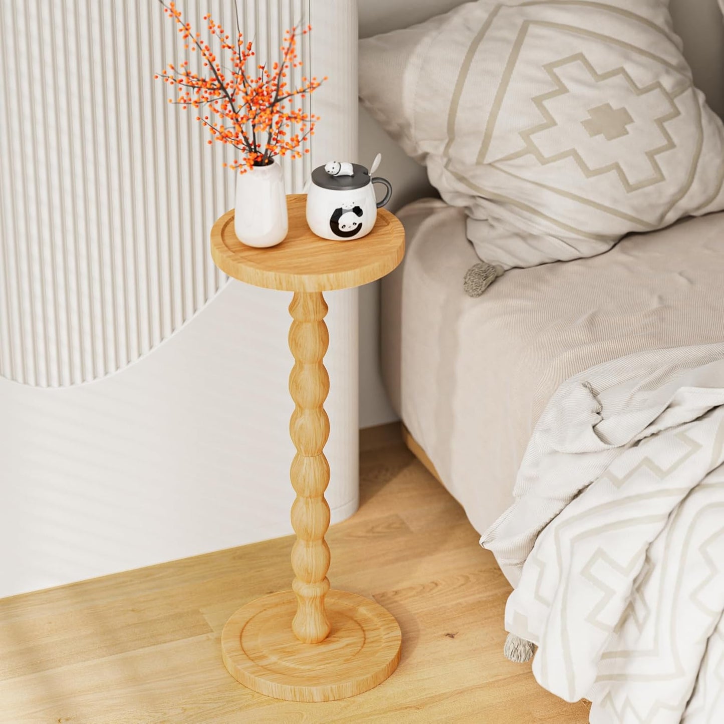 Solid Wood Drink Table, Rubber Wood‌ Small Round Side Table for Small Spaces, Martini Tables, Pedestal End Tables for Living Room, Bedroom, Corners, and Office (Natural, 9.4 inch)