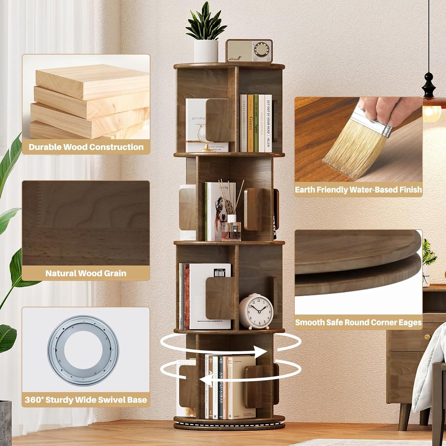 Wooden Rotating Round Bookshelf Tower - 4 Tier 51“ H Tall Solid Wood Walnut Bookshelf for Small Space, 360° Spinning Revolving Modern Bookcase Tower for Living Room, Bedroom, Home Office