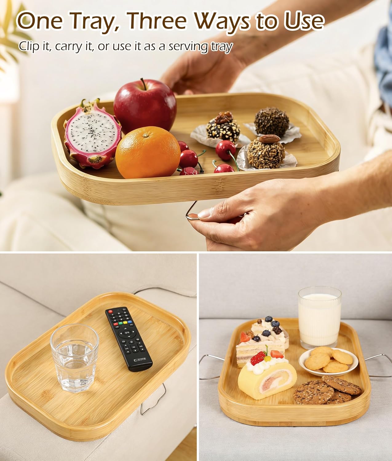Bamboo Couch Arm Tray Table, Adjustable Clip-On Sofa Armrest Tray with Support Leg & Non-Slip Pads, 3-in-1 Serving Tray Fits Wide & Narrow Couch Arms for Drinks, Snacks, Remote