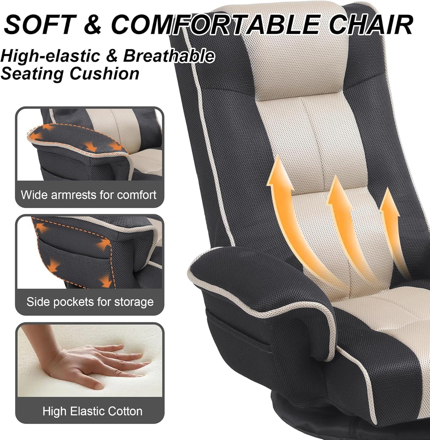 Linen Fabric Ergonomic Gaming Chair, 6-Position Reclining Sofa Bed with Lumbar Support, Foldable Floor Lounger with Thick Cushion, Armrests & Side Pockets for Esports, Reading, Napping (Grey + Beige)
