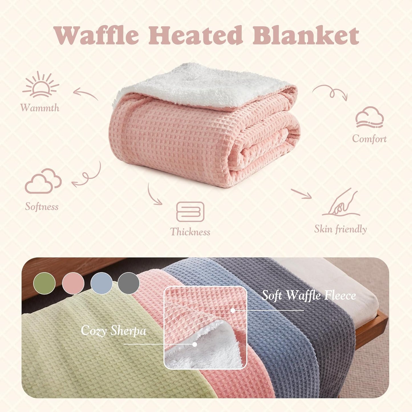 Cozy Heated Blanket Waffle Throw Size - Fast Warming Electric Throw Blanket with 6 Heat Settings & 4 Hours Auto-Off, Ideal Gift for Her, 50"x60", Pink