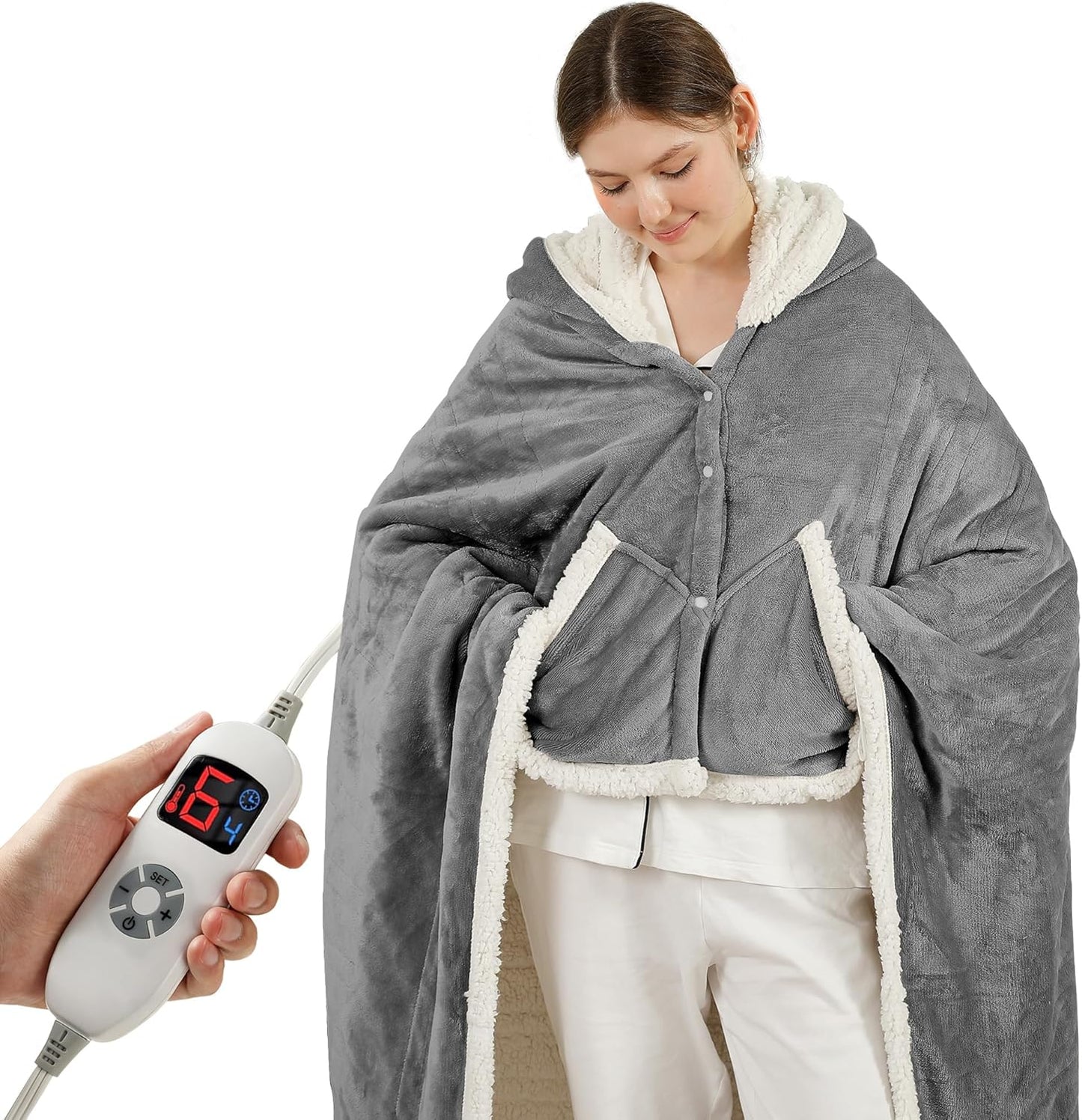 ESTINGO Wearable Heated Blanket Electric Throw, Heated Shawl with 6 Heating Levels and 1-4 Hours Auto Off, Heated Hoodie Women for Mom Women Seniors Grandma 50"×64" Light Grey