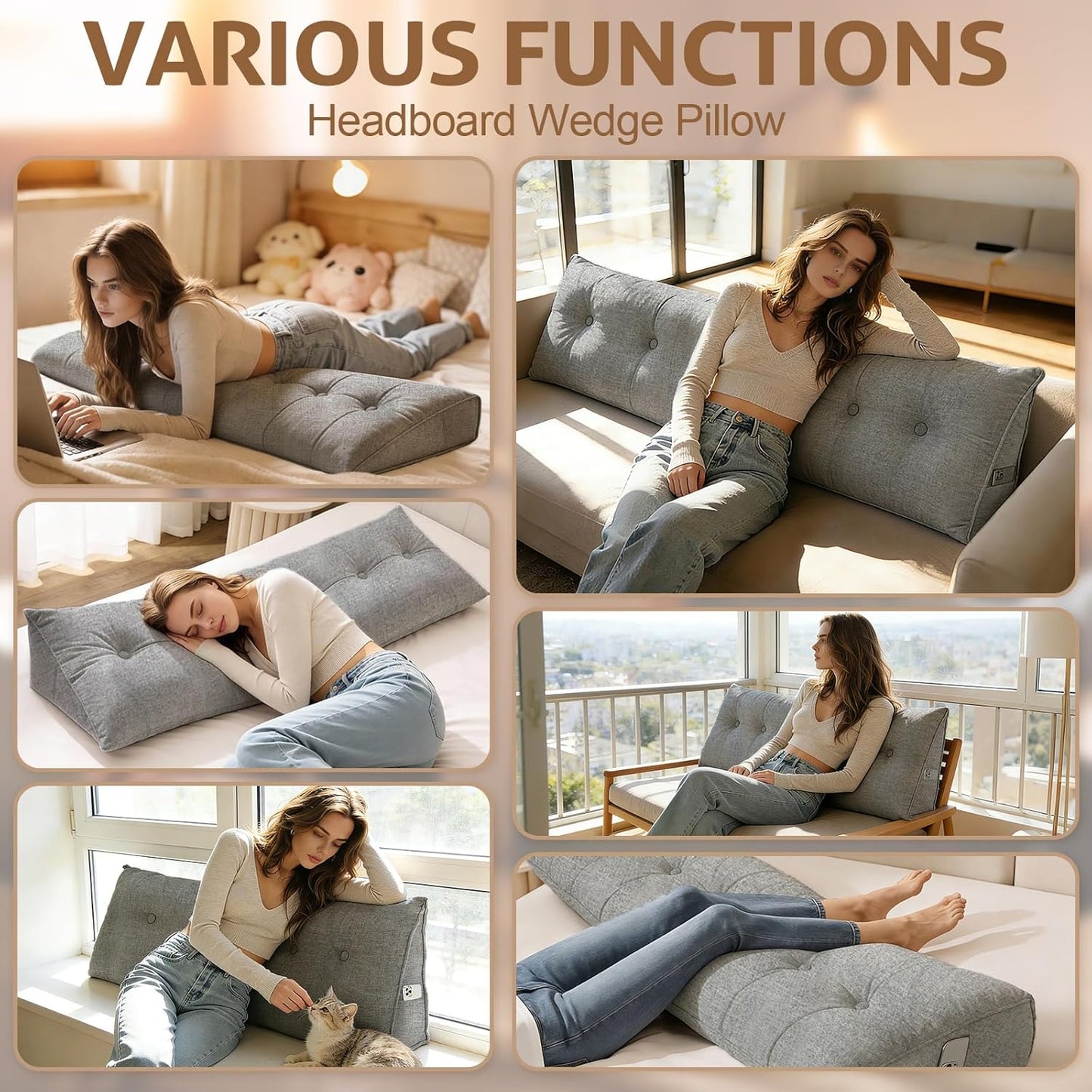 Headboard Pillow Queen, Triangle Wedge Pillow for Bed, Reading & Sitting Support, Backrest Cushion with Removable Cover, Comfortable Daybed Pillow for Bedroom, Dorm, or Sofa – Light Gray Linen Fabric