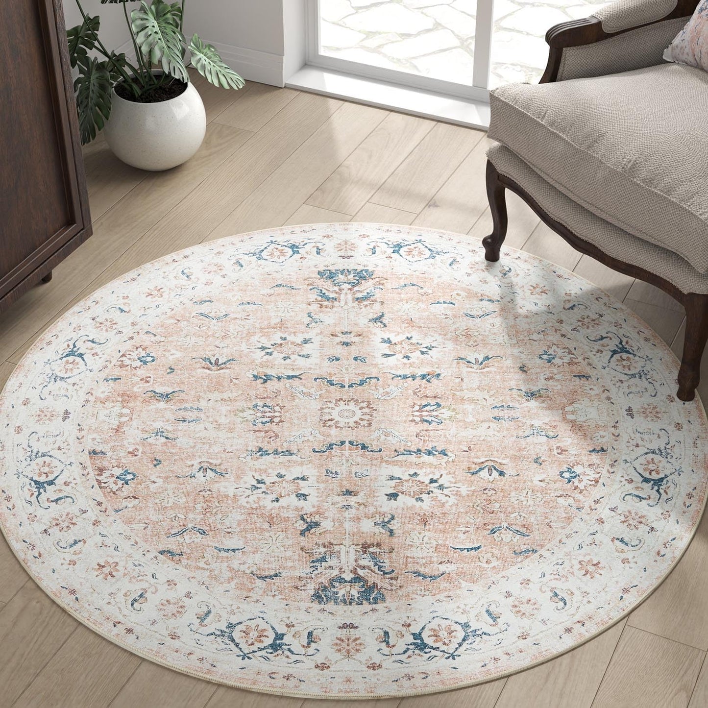 jinchan Round Rug 4ft Area Rug - Washable Boho Vintage Floral Circle 4' Round Floor Cover Lightweight Low Pile Thin Throw Non-Slip Carpet for Kitchen Living Room Bedroom Dining Room Office Pink Blush