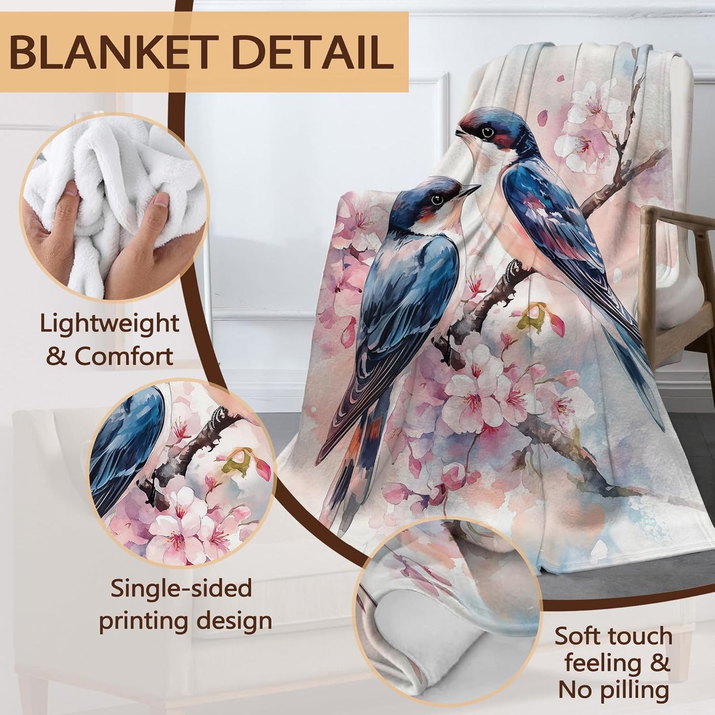 Cute Birds Fall Throw Blanket,Spring Flowers Cozy Plush Fluffy Blanket for Living Room Decor,Lightweight Fleece Throws for Couch,Bed,Traveling,Naps,Reading,50 X 60 Inch
