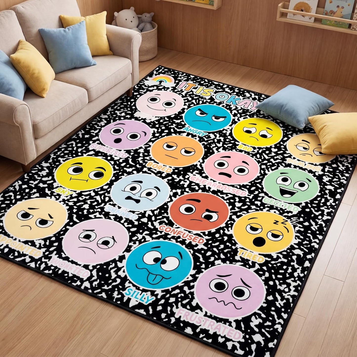 4x3.3FT Composition Notebook Calm Down Classroom Rug Playroom Rug with Emotion Faces Chart Soft Anti-Skid Floor Mat for School Preschool Daycare Bedroom Mental Health Social-Emotional Learning Decor