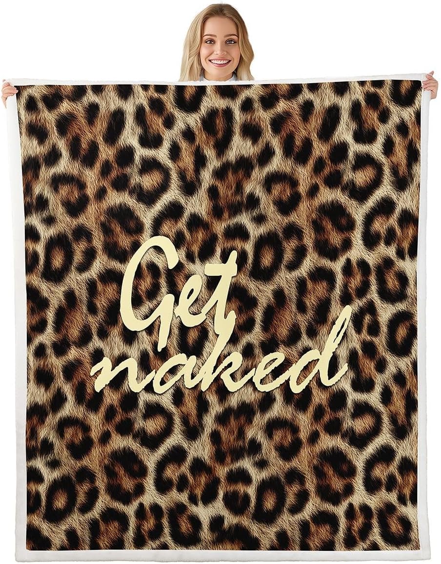 Feelyou Leopard Print Get Naked Throw Blanket Funny Quotes Soft Fleece Sherpa Cozy Fuzzy Plush Warm Brown Fuzzy Plush Throw Cheetah Throw 50"x60" for Bed Couch Living Room