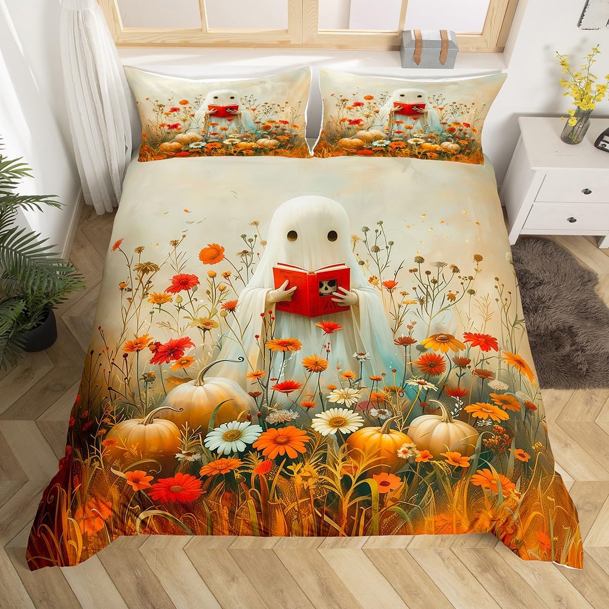 Manfei Reading Ghost Duvet Cover Set Twin Size,Autumn Pumpkins Flower Bedding Set 2pcs,Cute Halloween Theme Quilt Cover,Kids Boys Girls Room Decor,1 Pillowcase,No Comforter