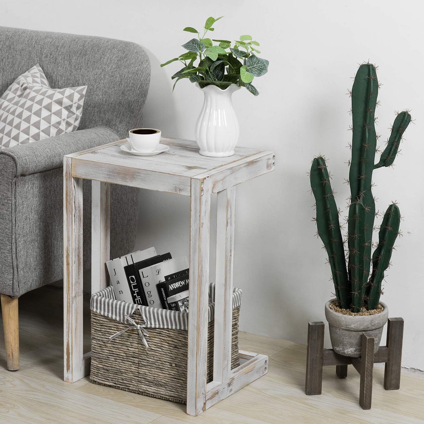 MyGift Shabby Whitewashed Wood C Shaped Side Table End Table, Under The Couch TV Table for Living Room