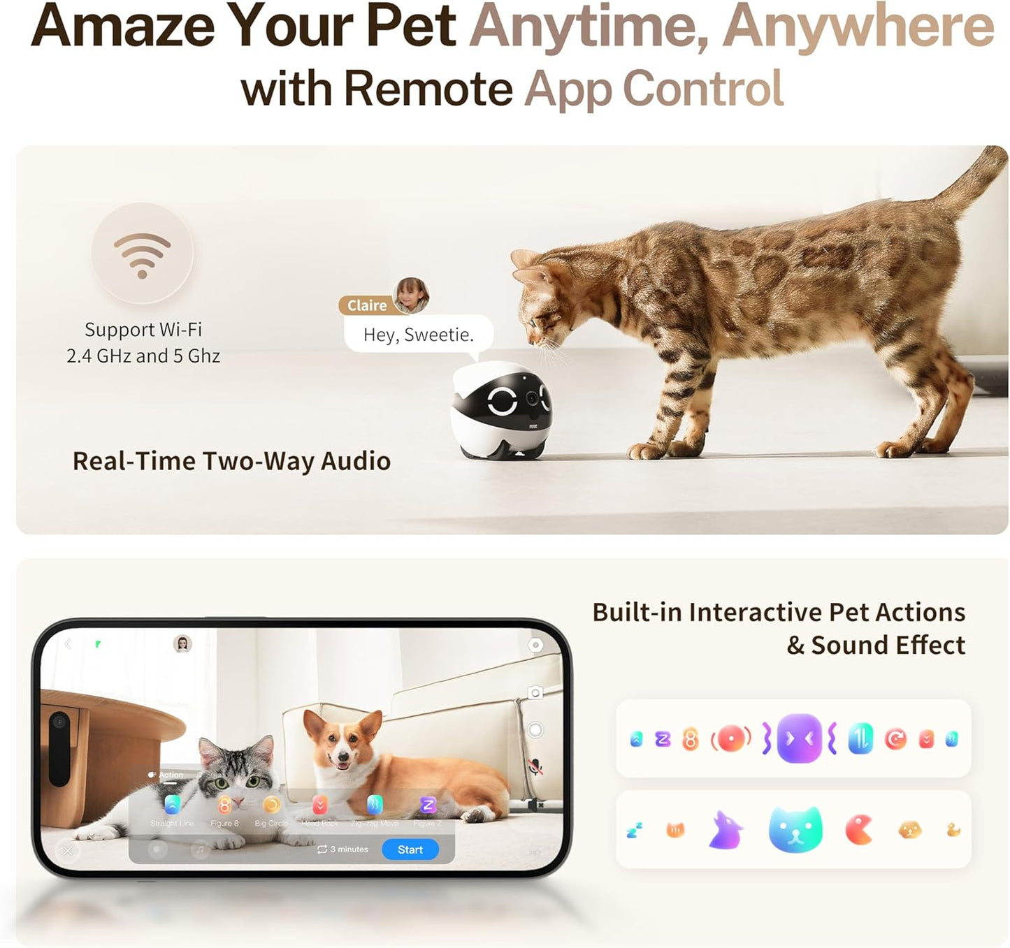 Enabot EBO ROLA Mini FamilyBot 2K Pet Camera Robot: Movable Indoor Camera Battery-Powered with Phone App, One-Touch Call, 2-Way Talk, Night Vision, Motion Detection, Video Recording
