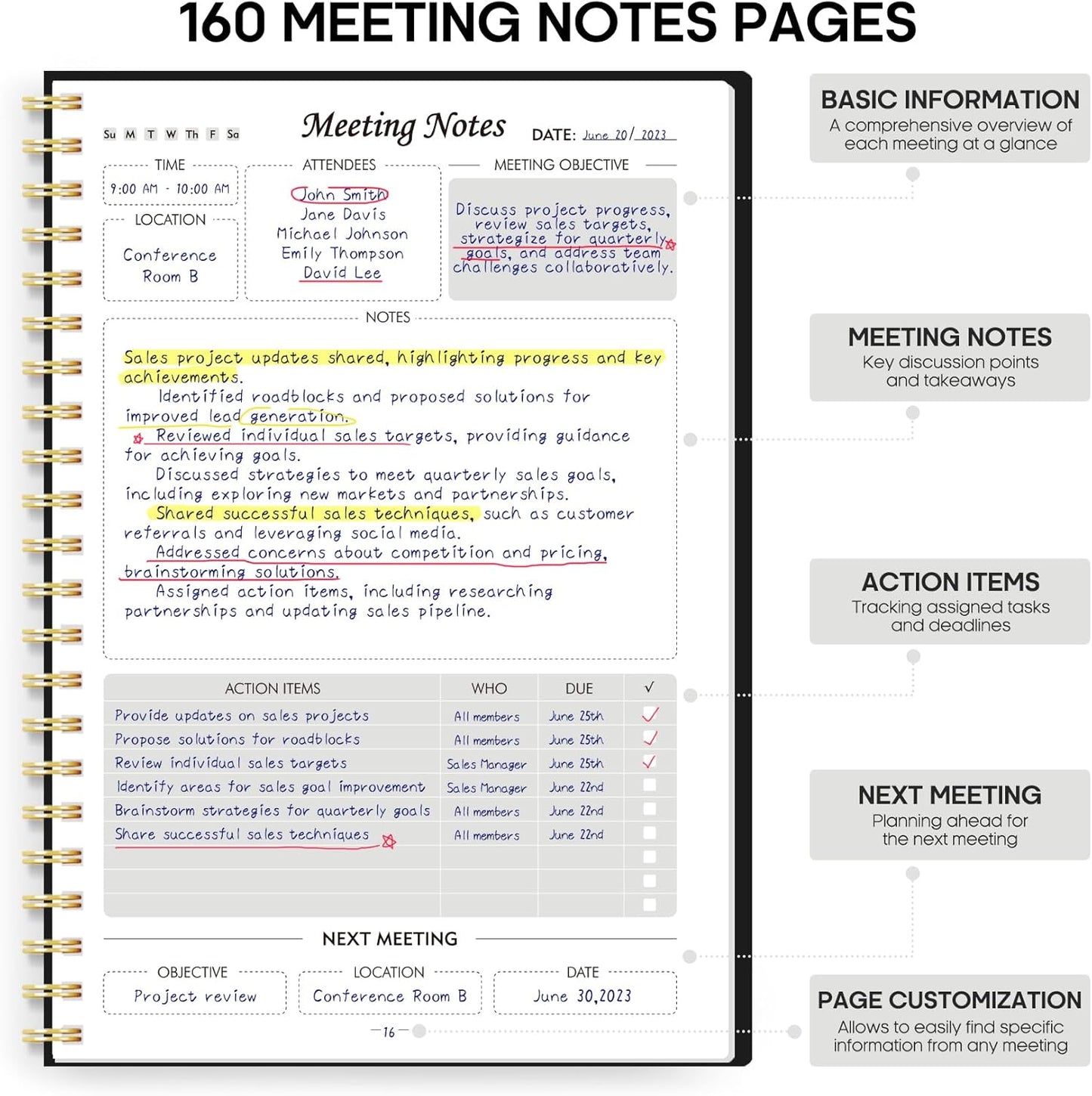Meeting Notebook for Work Organization - Work Planner Notebook with Action Items, Agenda Planner for Note Taking, 160 Pages (6.9" X 9.9") Project Organizer for Men & Women - Black 1