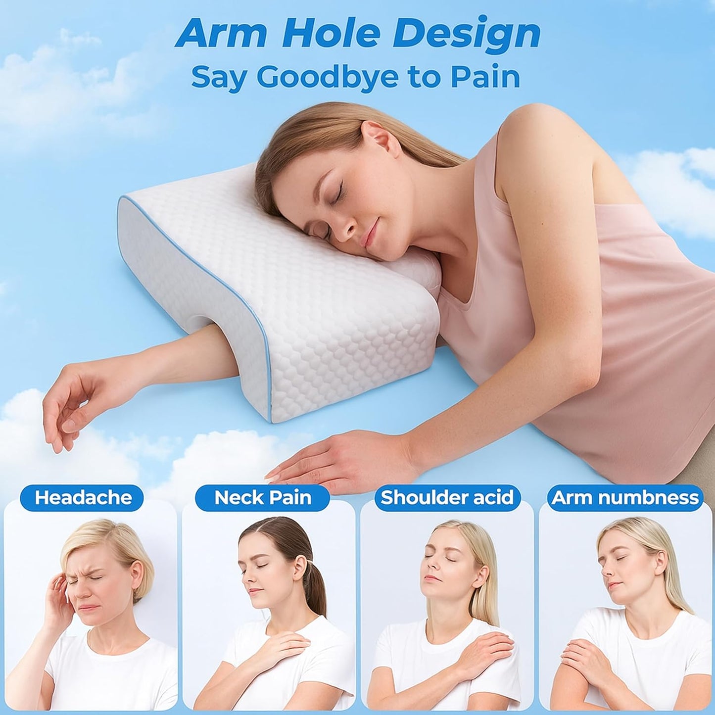 Ergonomic Memory Foam Cuddle Pillow, Arched Side Sleeper Pillow with Arm Tunnel and Arm Hole, Under Arm Support Pillow for Neck and Arm Pressure Relief, Removable Cover (Right Arm)