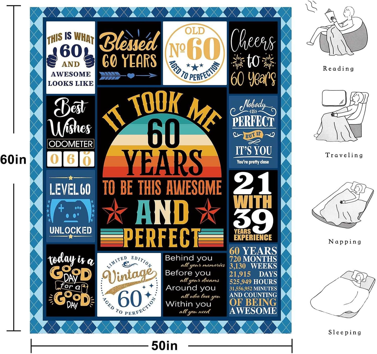 60th Birthday Gifts for Men, 60 Year Old Gifts for Men, 1964 Birthday Blanket with Gift Box, Gift for 60 Year Old Man