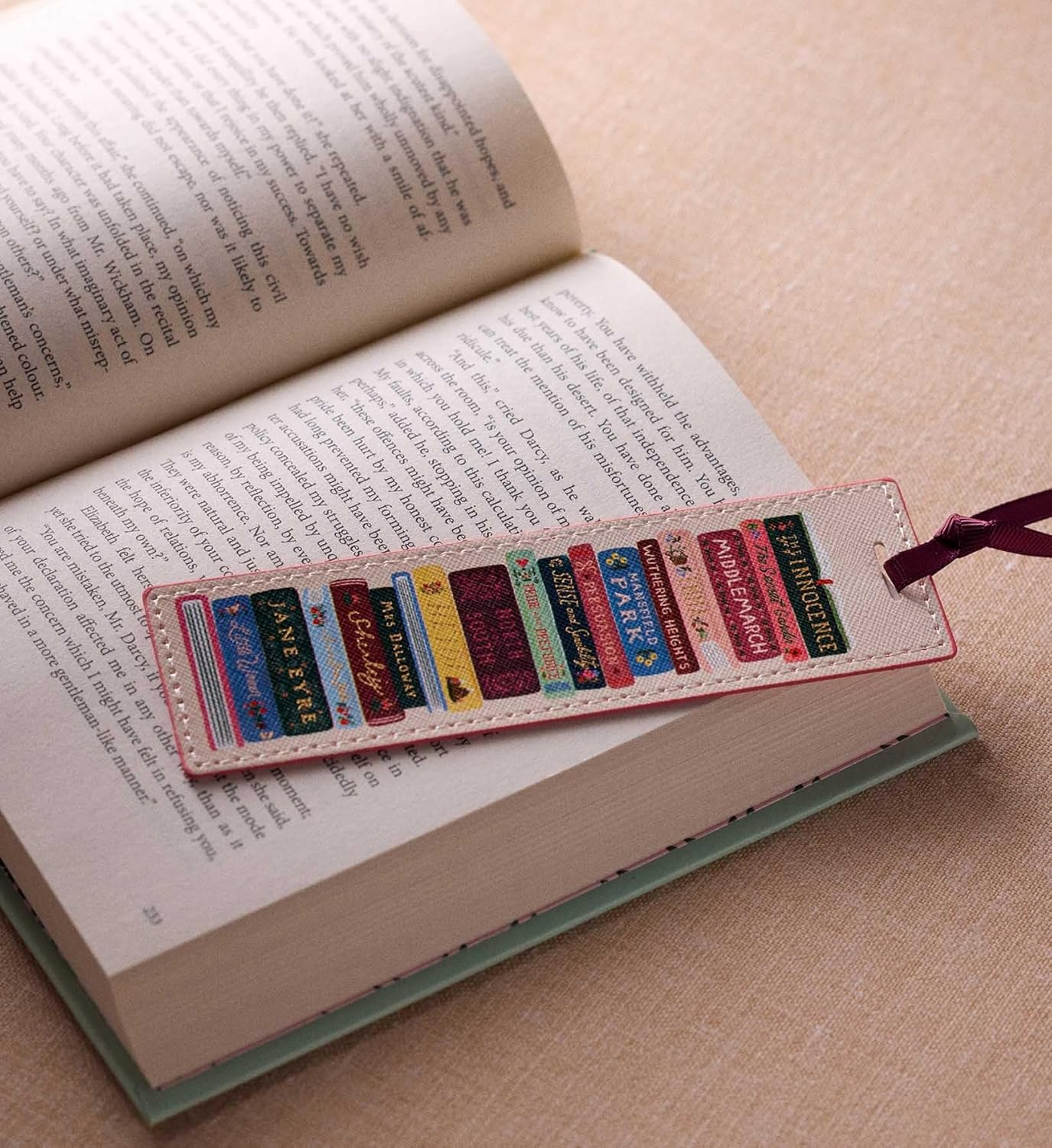 RIFLE PAPER CO. Ladies Night Book Club Bookmark, 1.75" W x 6" L, Illustrated Stack of Classic Titles, Saffiano Polyurethane, Grosgrain Ribbon, Wipe-Clean