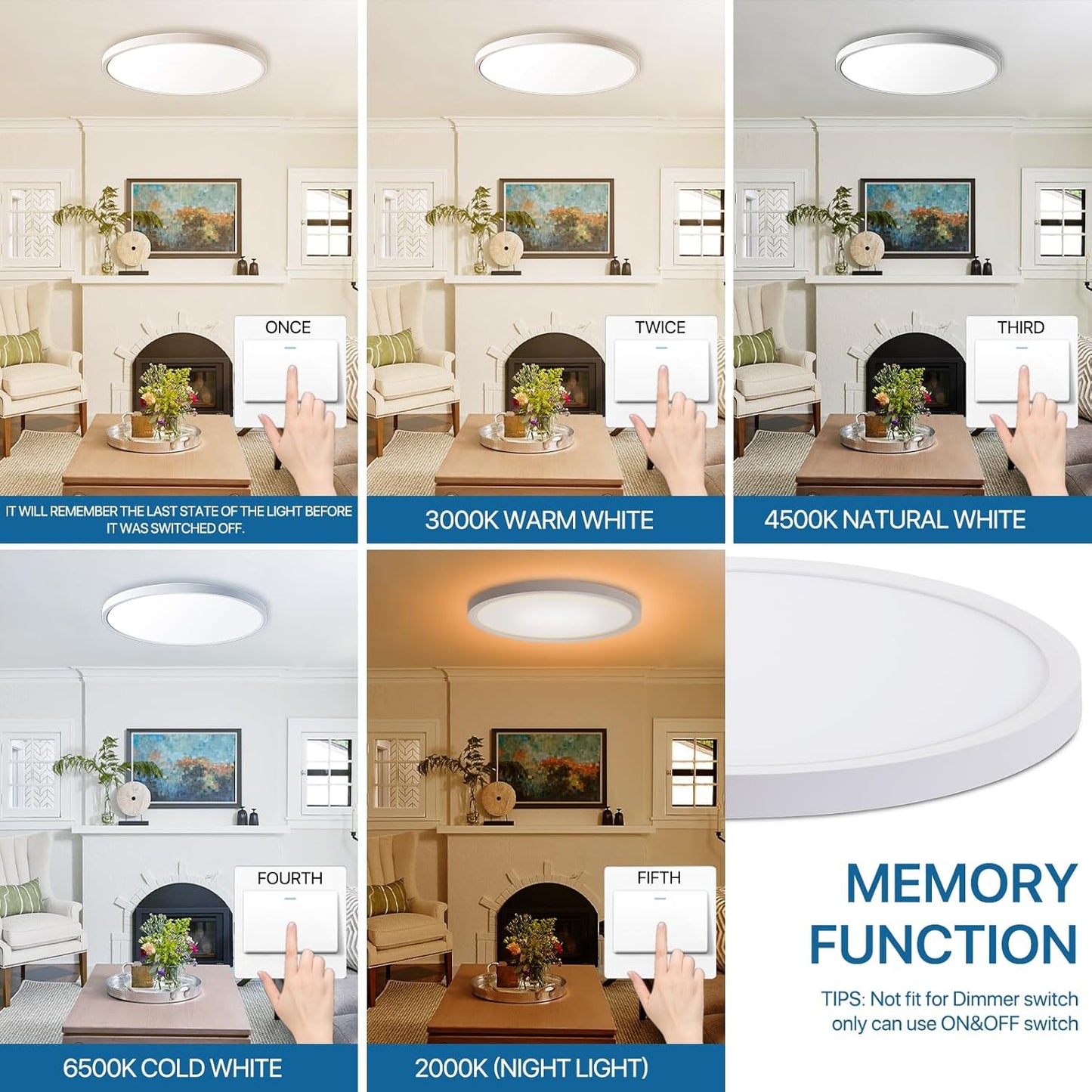 2Pack Dimmable LED Flush Mount Ceiling Light Fixture with Remote Control, 24W 2400LM, 12Inch, 2000K Warm Night Light & 3000K-6500K, Modern Super Slim Ceiling Lamp for Bedroom Kitchen, White
