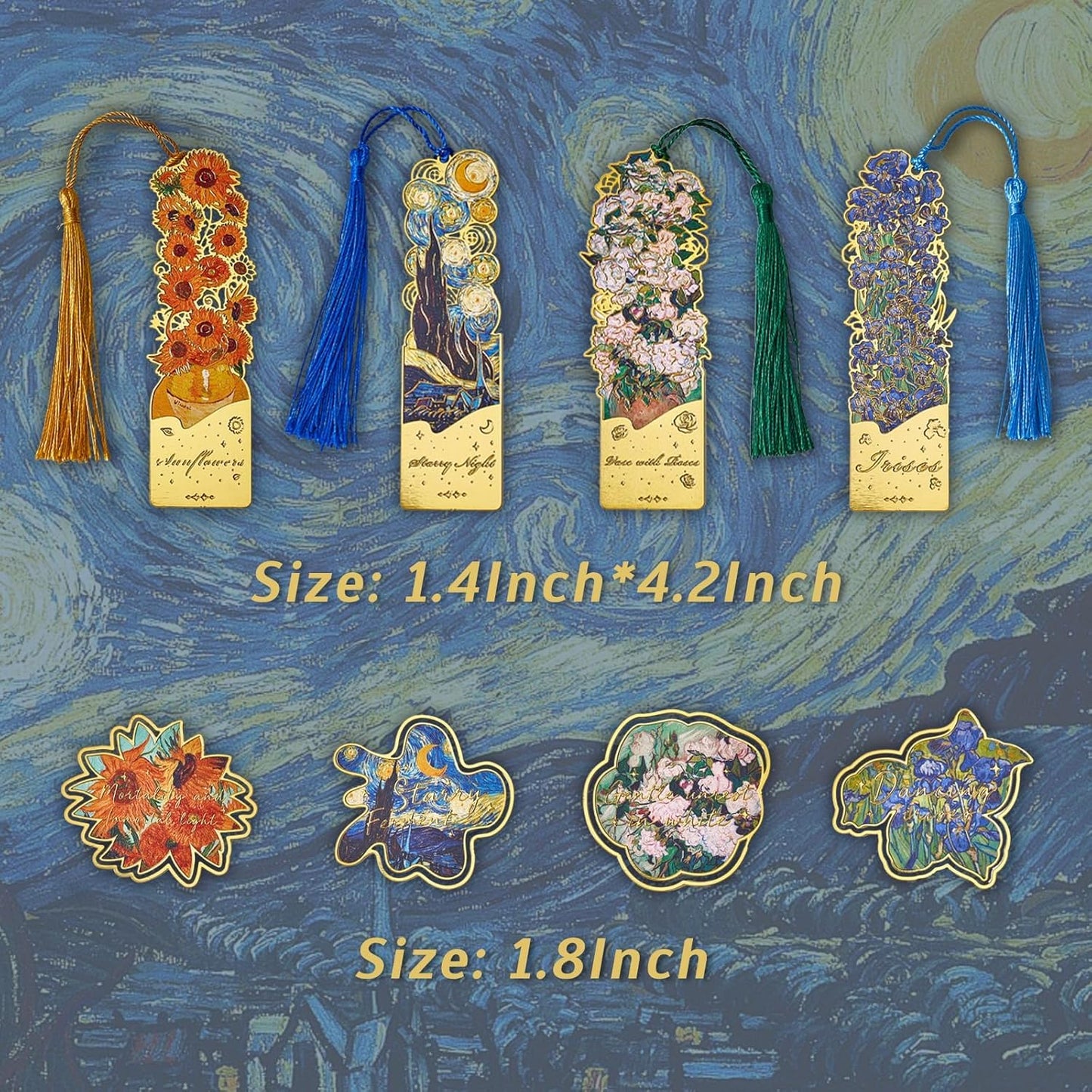8psc Metal Bookmarks with Tassel, Vintage Van Gogh Book Marks for Reading Women Men Teen, Book Lovers Gift