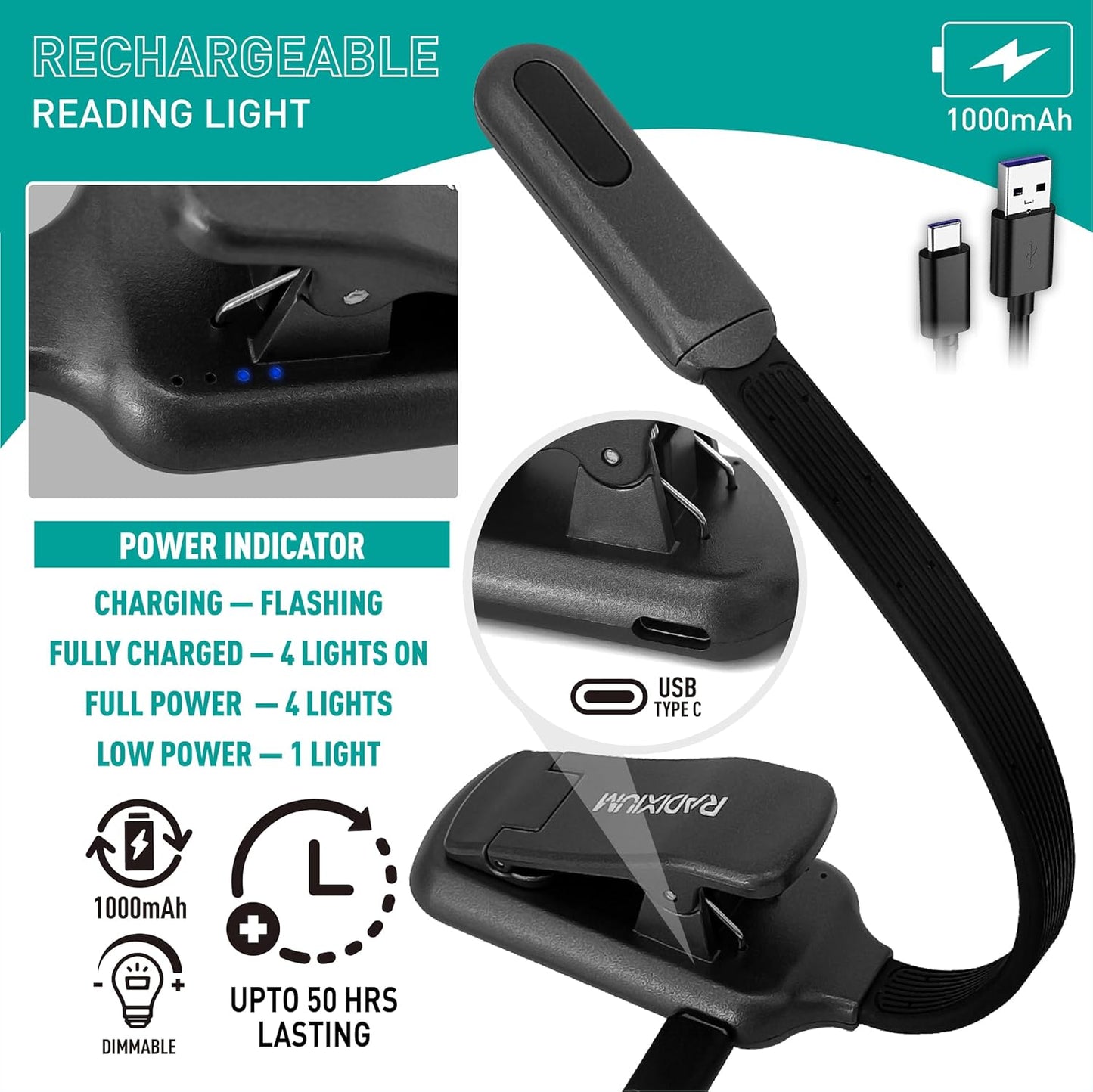 Rechargeable Book Reading Light at Night in Bed, Eye Caring 9 LED with 9 Color Temperatures, Stepless Dimming Brightness, Clip on Book Light, Prefect Elegant White Gift for Book Lover. (Black 2pcs)