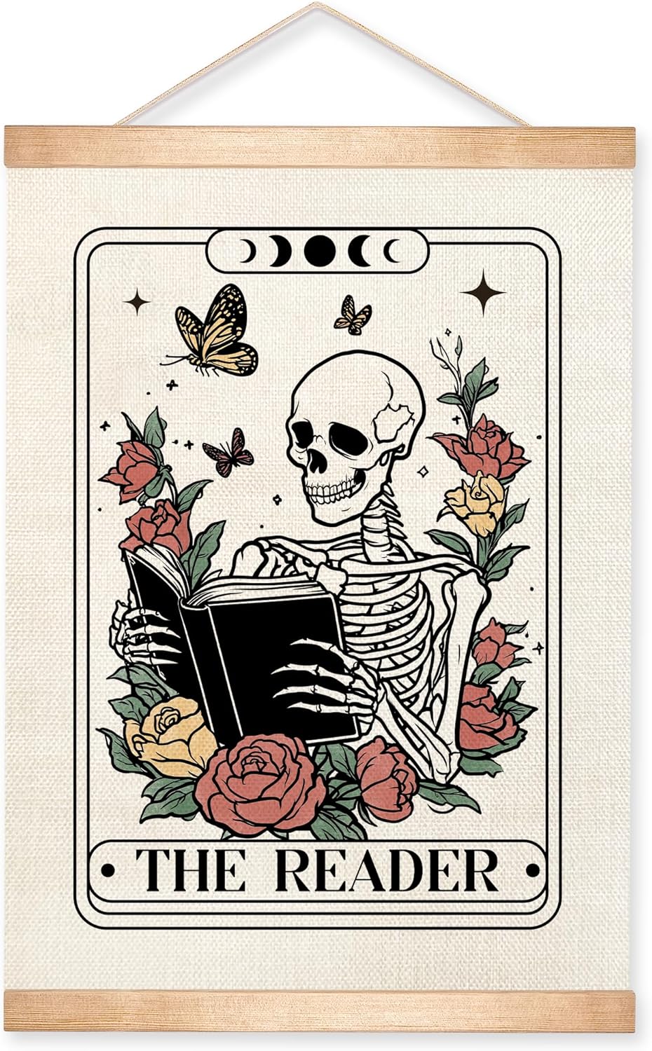 HEYJEEPER The Reader Tarot Card Wall Art, 14x18inch Gothic Skeleton Reading Books, Canvas Wall Hanging Poster,Library, Reading Corner Decor,Vintage Witchy Room Decor (Reader)