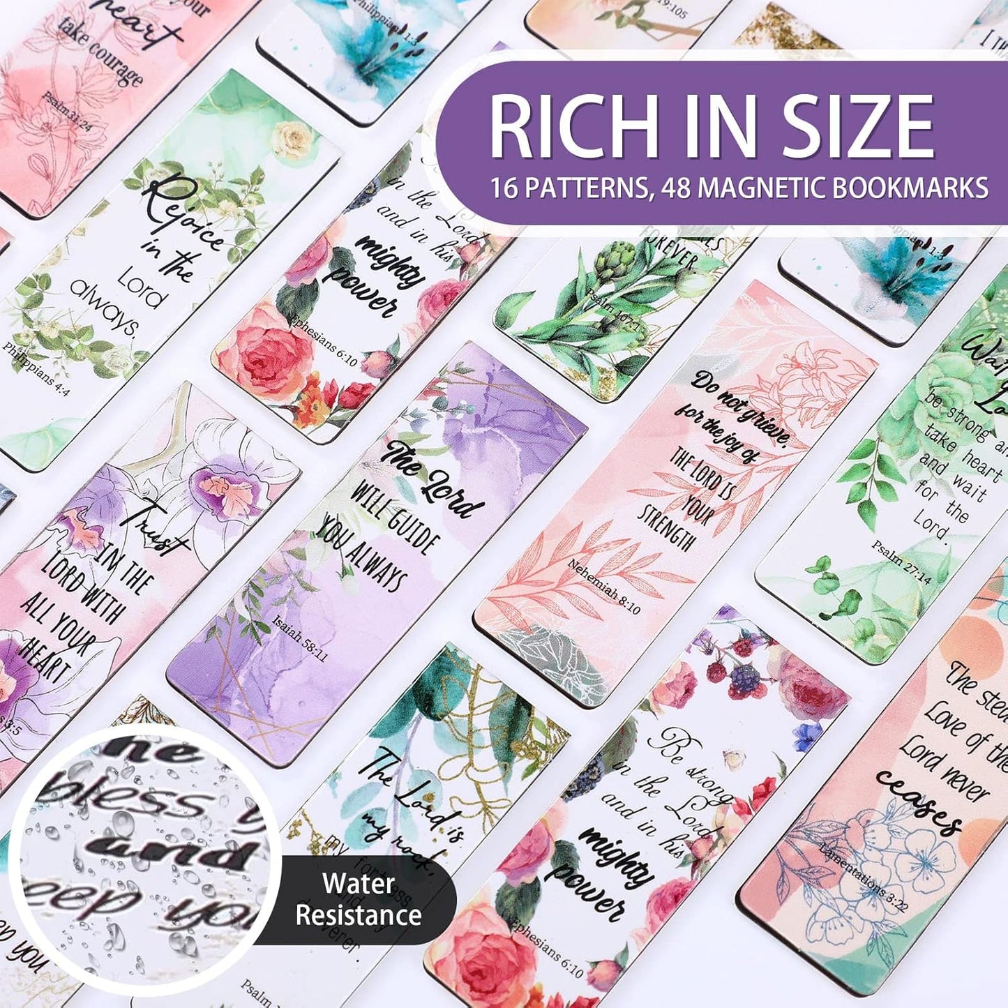 Zonon 48 Pcs Bible Verse Magnetic Christian Bookmarks, 0.8x4.7in Inspirational Scripture Book Markers for Women Men Religious Motivational Flower Page Clips Book Lovers Reading Gifts(Stylish Style)