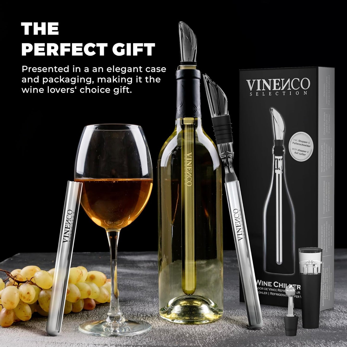 Wine Chiller Set & Chill Rods + Foil Cutter, Stopper, Ebook - Premium 7in1 Stainless Steel Bottle Cooler Stick, Decanting Aerator & Drip-Free Pourer | Bar Gift Men Women