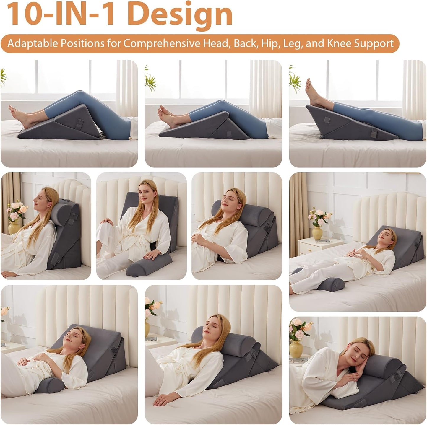 3PCS Wedge Pillow for Acid Reflux Relief, Adjustable Wedge Pillow Headboard, Bed Wedges Pillow for Back Pain Relief, Sleeping, Post Surgery, Back Support Pillows for Sitting Up, Snoring, Plush Grey