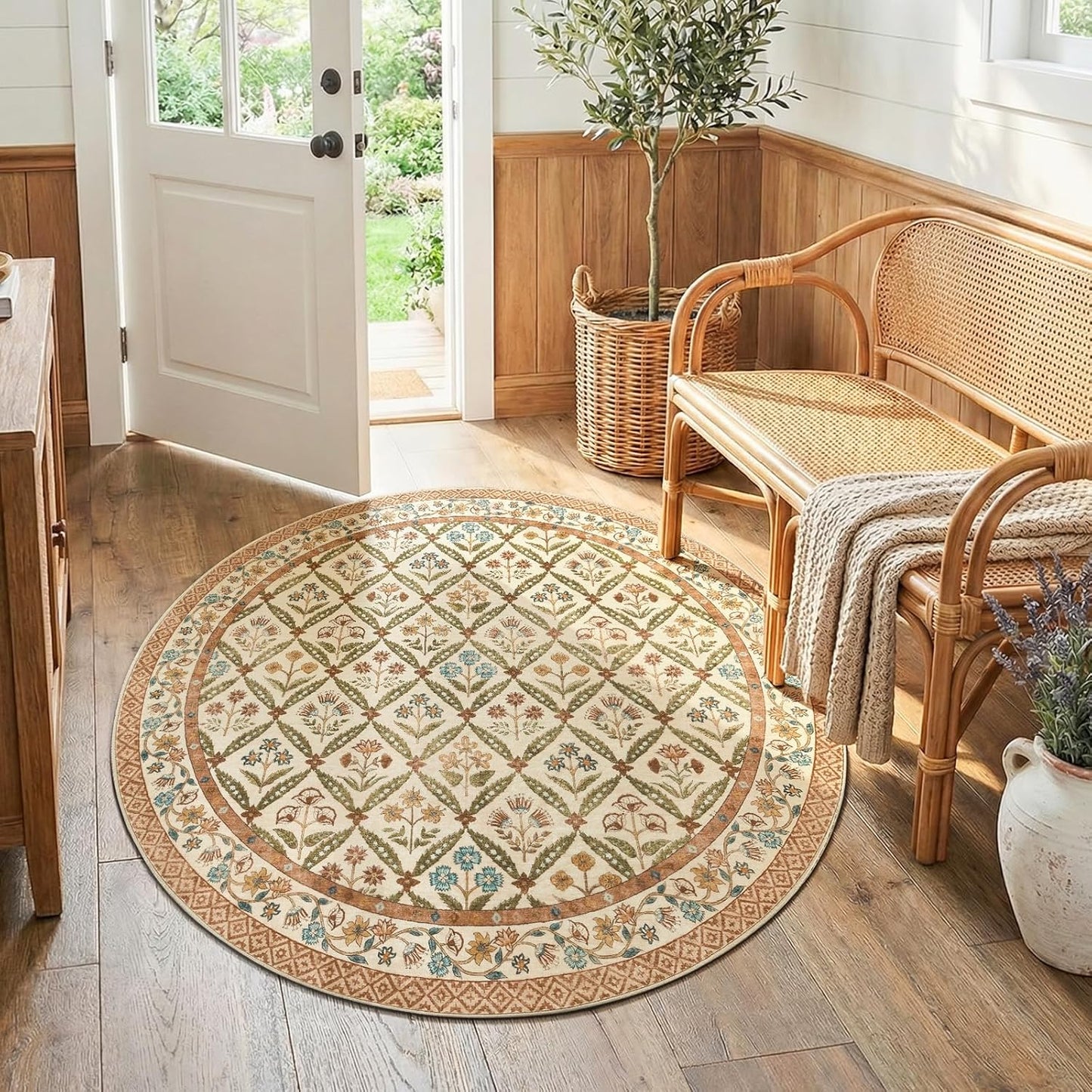 jinchan Haden Round Rug 5ft Vintage Floral Washable Rug for Entryway Kids Room Soft Non-Slip Low Pile Circle Carpet Nursery Living Room Reading Nook Cottage Indoor Decor Terracotta