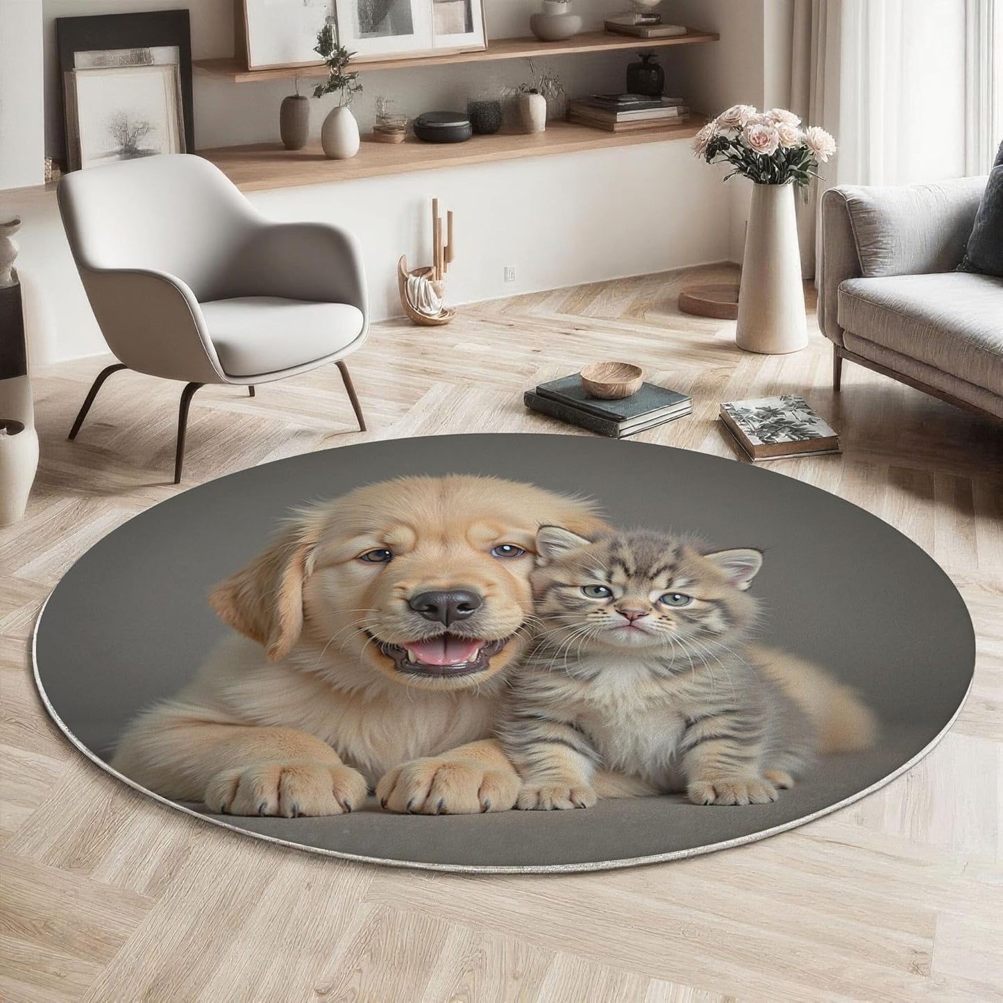Washable Cute Golden Retriever Cat Area Rug, 5.25Ft Round Rugs for Living Room Soft Carpet for Bedroom Animal Theme Indoor Stain Resistant Non-Shedding Floor Carpet, Gray, 5.25Ft-Round
