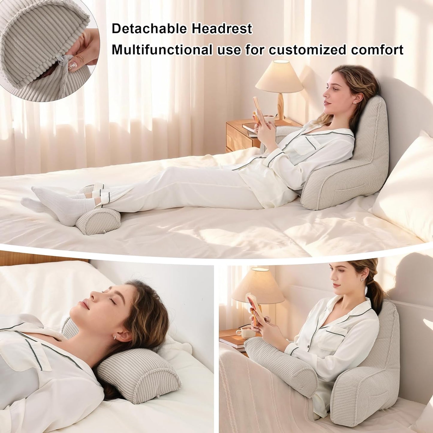 Reading Pillow for Sitting Up in Bed, Corduroy Backrest Pillow with Arms, Side Pocket & Washable Cover, Bed Rest Back Support for Adults, Teens & Kids, Dark Grey