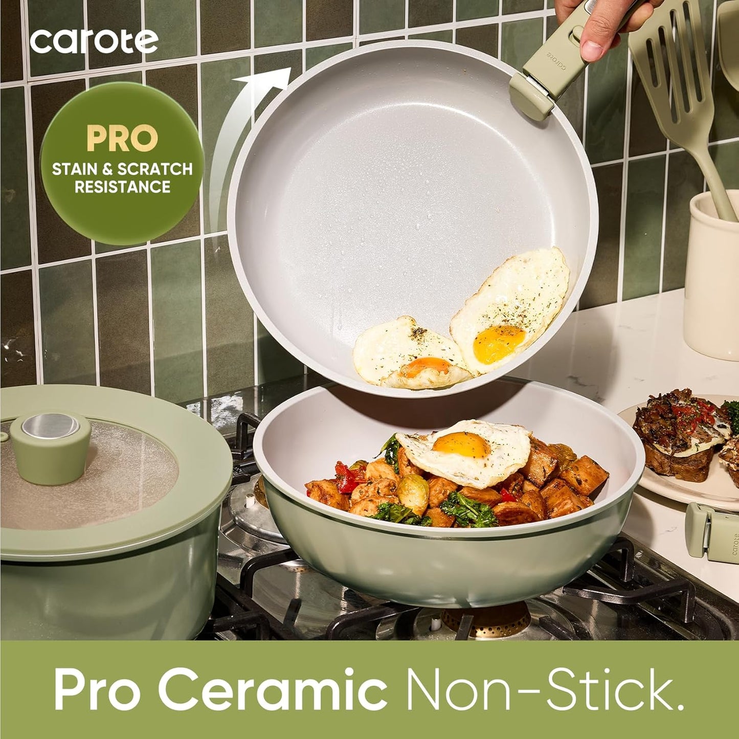CAROTE 27pcs Ceramic Cookware Set Nonstick, Pots and Pans Set Non Stick, Non Toxic Cookware Detachable Handles, Dishwasher/Oven Safe, RV/Camping Cookware, Pan and Pot with Kitchen Utensils, Green