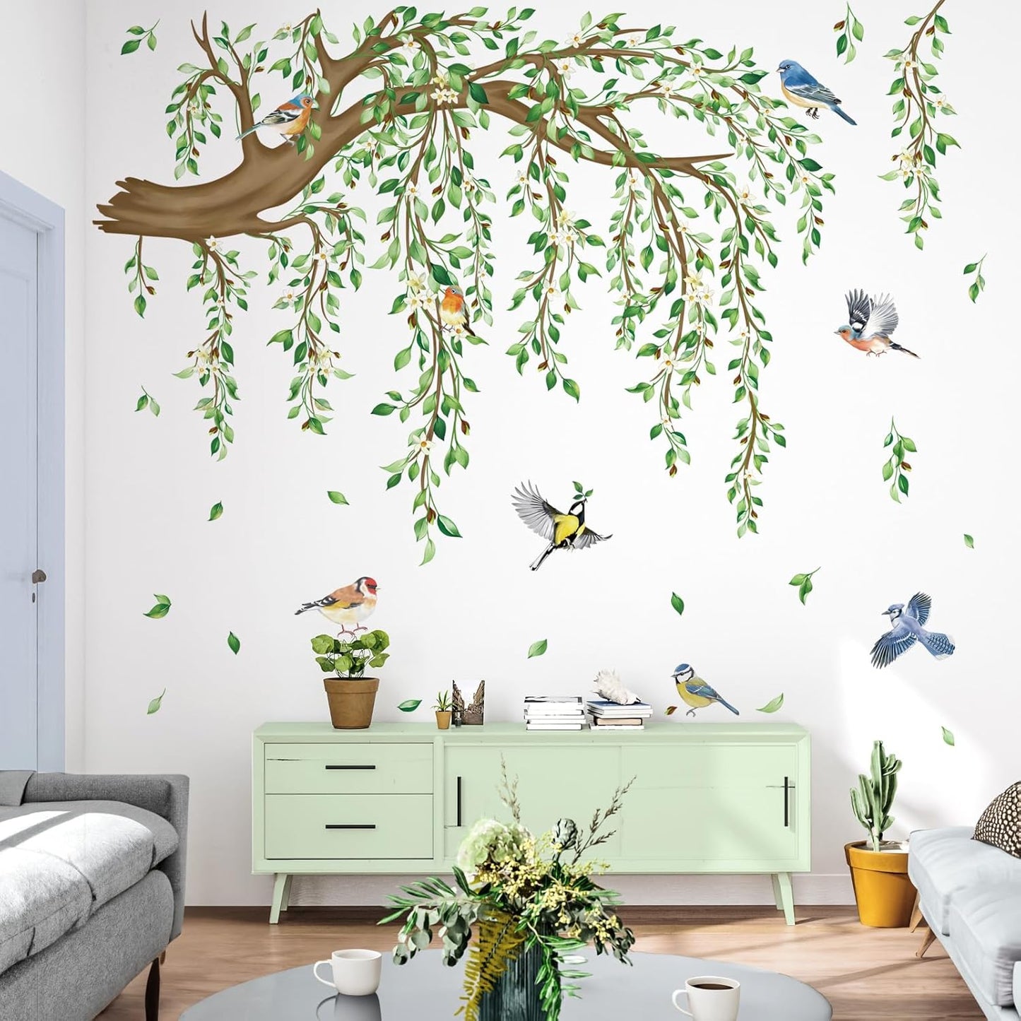 decalmile Large Hanging Vine Wall Stickers Tree Branch Green Leaf Flower Birds Wall Decals Living Room TV Background Bedroom Wall Decor