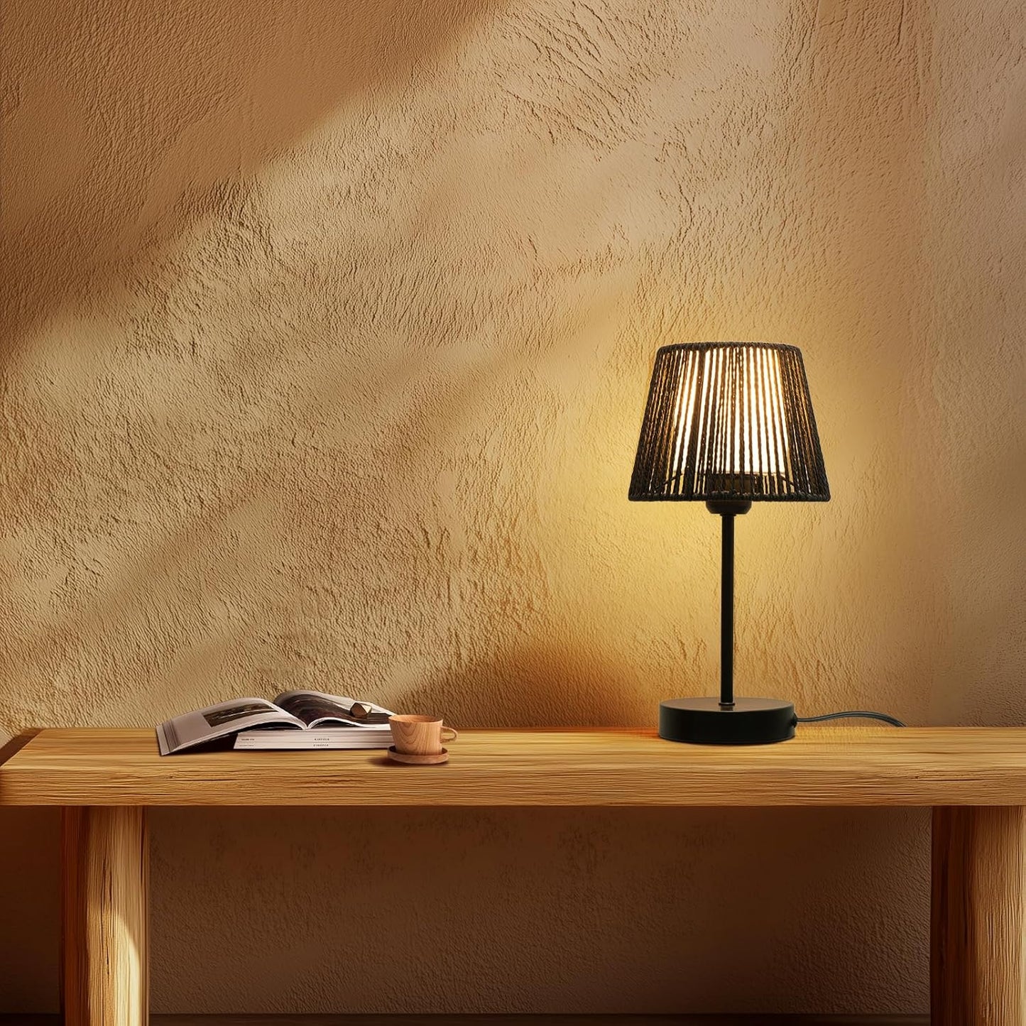 Touch Boho Lamp Dimmable, 3-Way Bedside Table Lamp 14.2", Rope Light for Bedroom Nightstand Farmhouse, Bulb Included, 2 Packs (Black)
