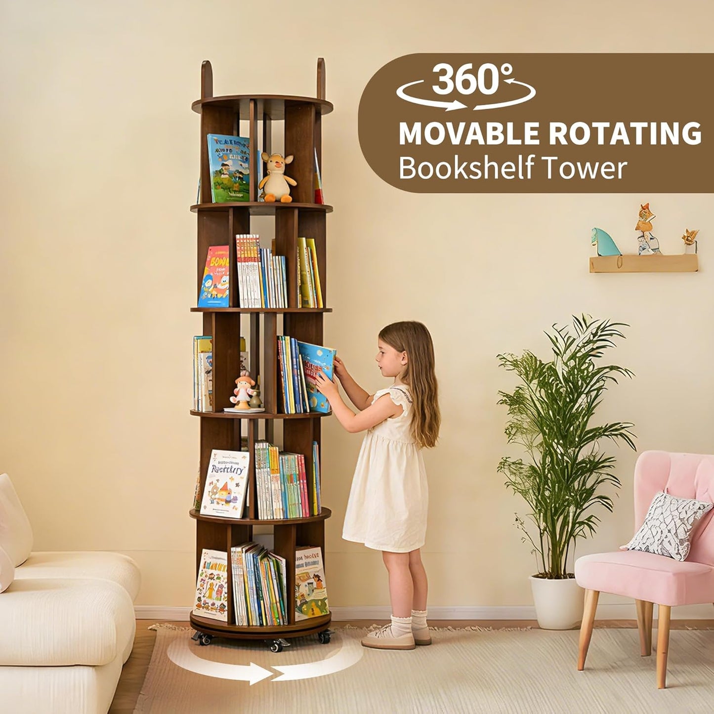 Kryonix Solid Wood Rotating Bookshelf on Wheels, Spinning Bookshelf Tower 5 Tier, 360° Revolving Bookcase, Multi-Functiona Corner Round Turning Book Shelf Organizer for Small Spaces, Walnut