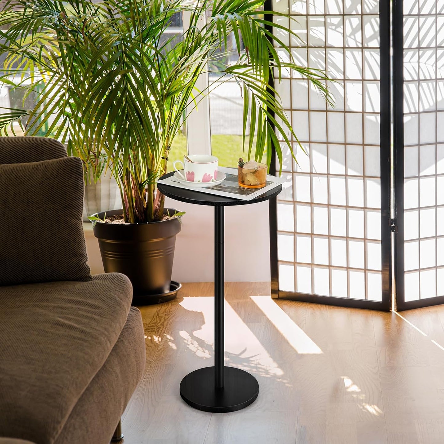 Vrisa Drink Table for Small Spaces Round Pedestal Small Modern Martini End Table Accent Side Table for Living Room, Bedroom, Sofa Couch Chair, Black