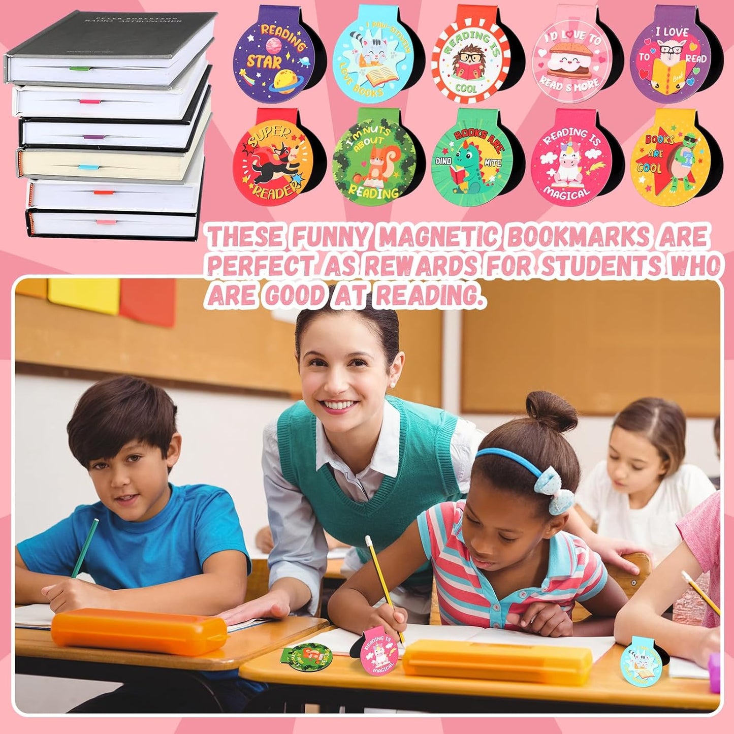100 Pcs Magnetic Bookmarks for Kids Motivational Love to Read Magnet Bookmark in 10 Designs 1.38 Inches Back to School Gifts for Teachers Students and Books Lover Gifts(Reading Rewards)